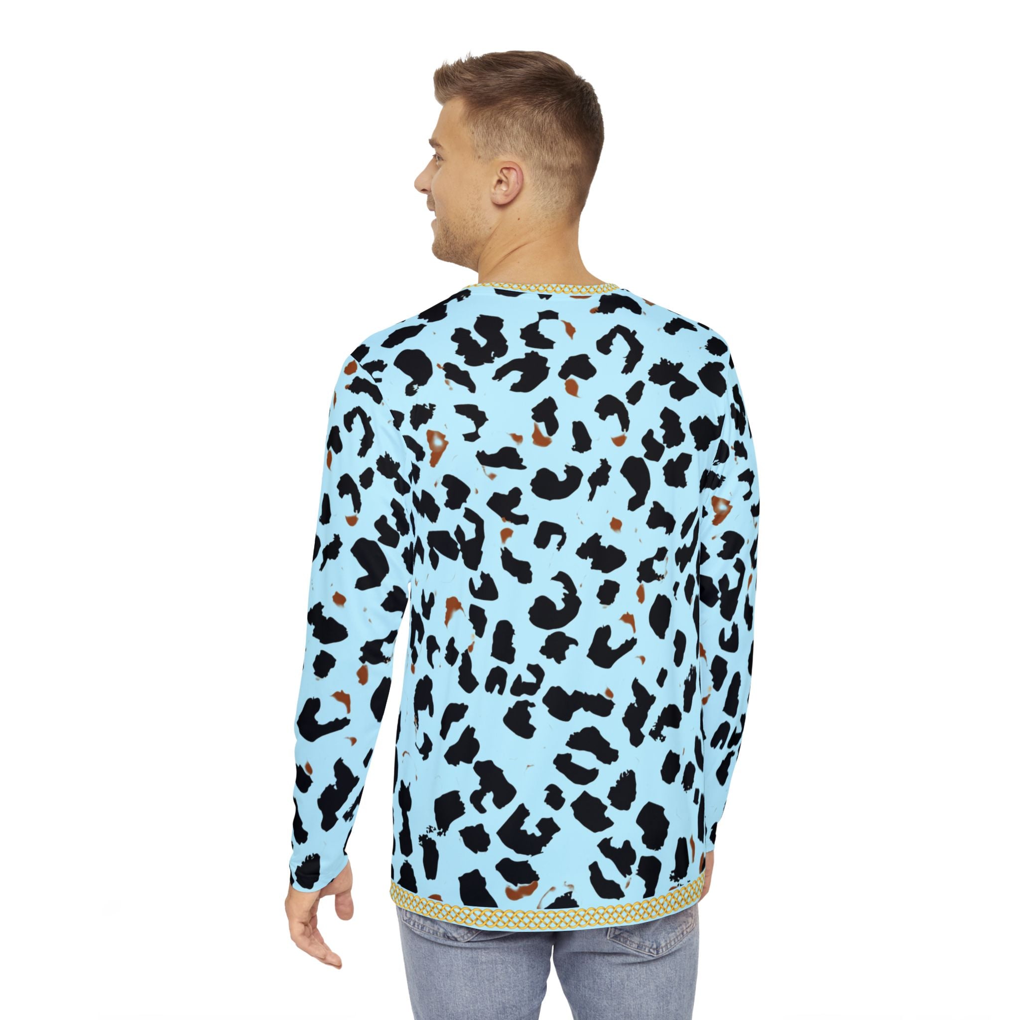Fabled Fashion Men's Long Sleeve Light blue Leopard print with celtic chain effect AOP Shirt