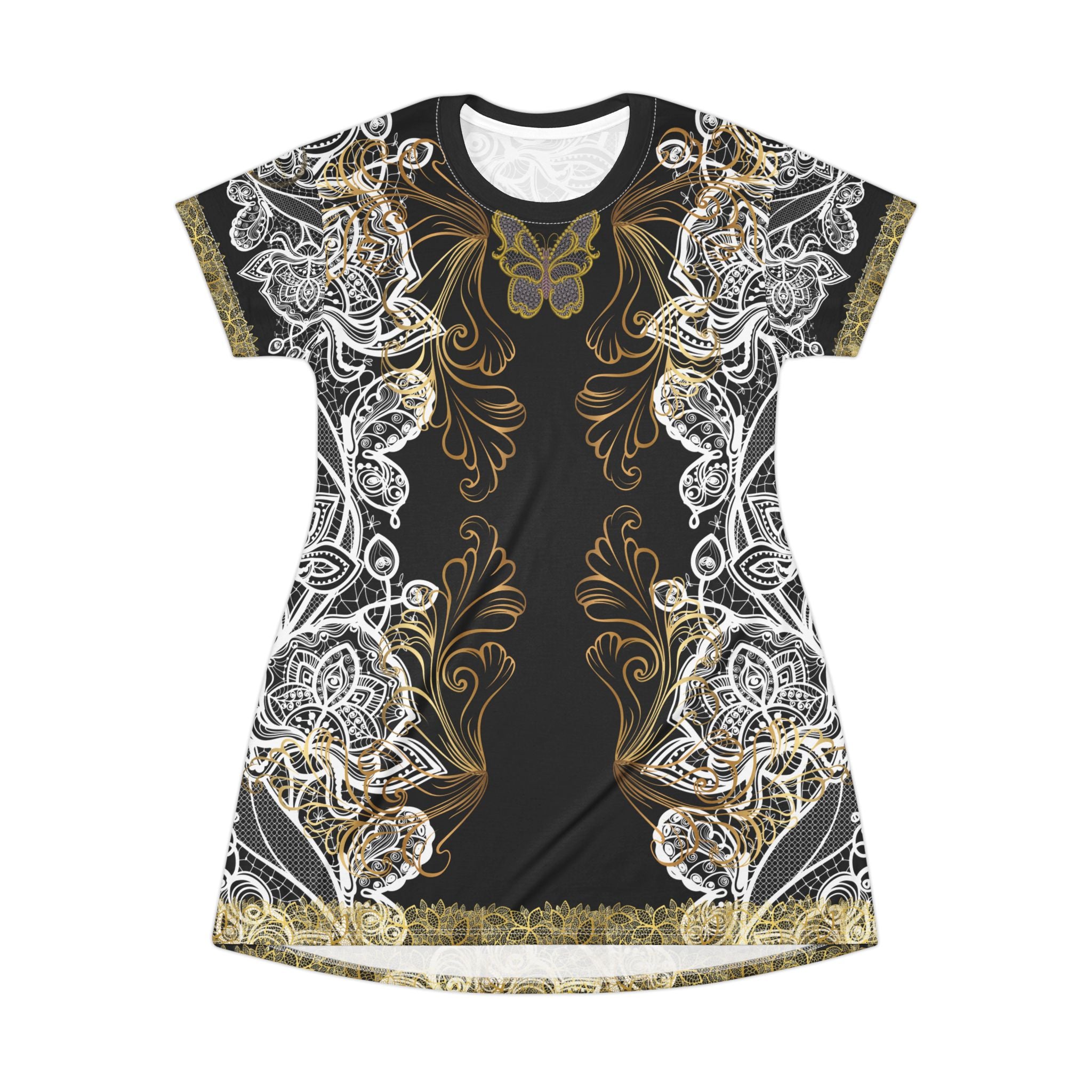 Fabled Fashion White/Gold Lace embroidered effect Black All Over Print Spring/Summer T-Shirt Dress