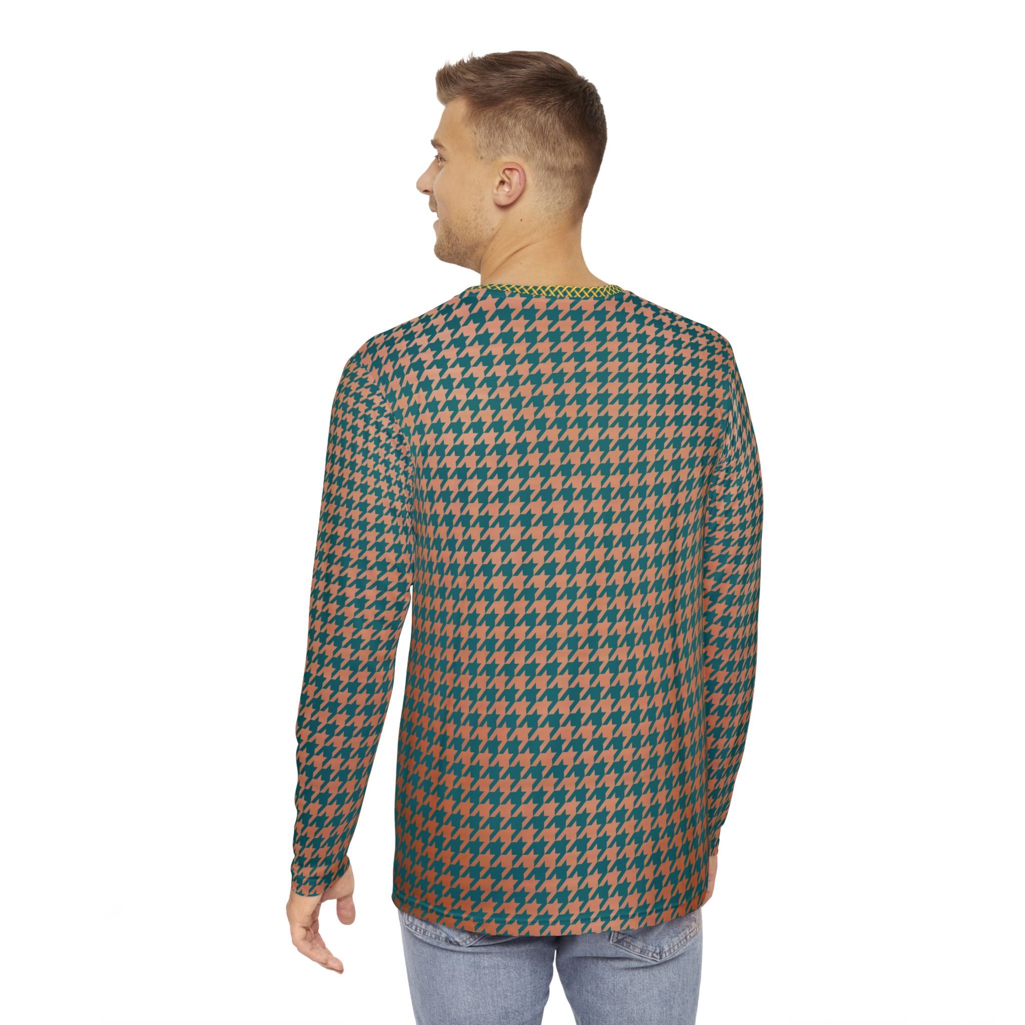 Fabled Fashion Men's Long Sleeve Verdigris and Copper Houndstooth pattern AOP Shirt
