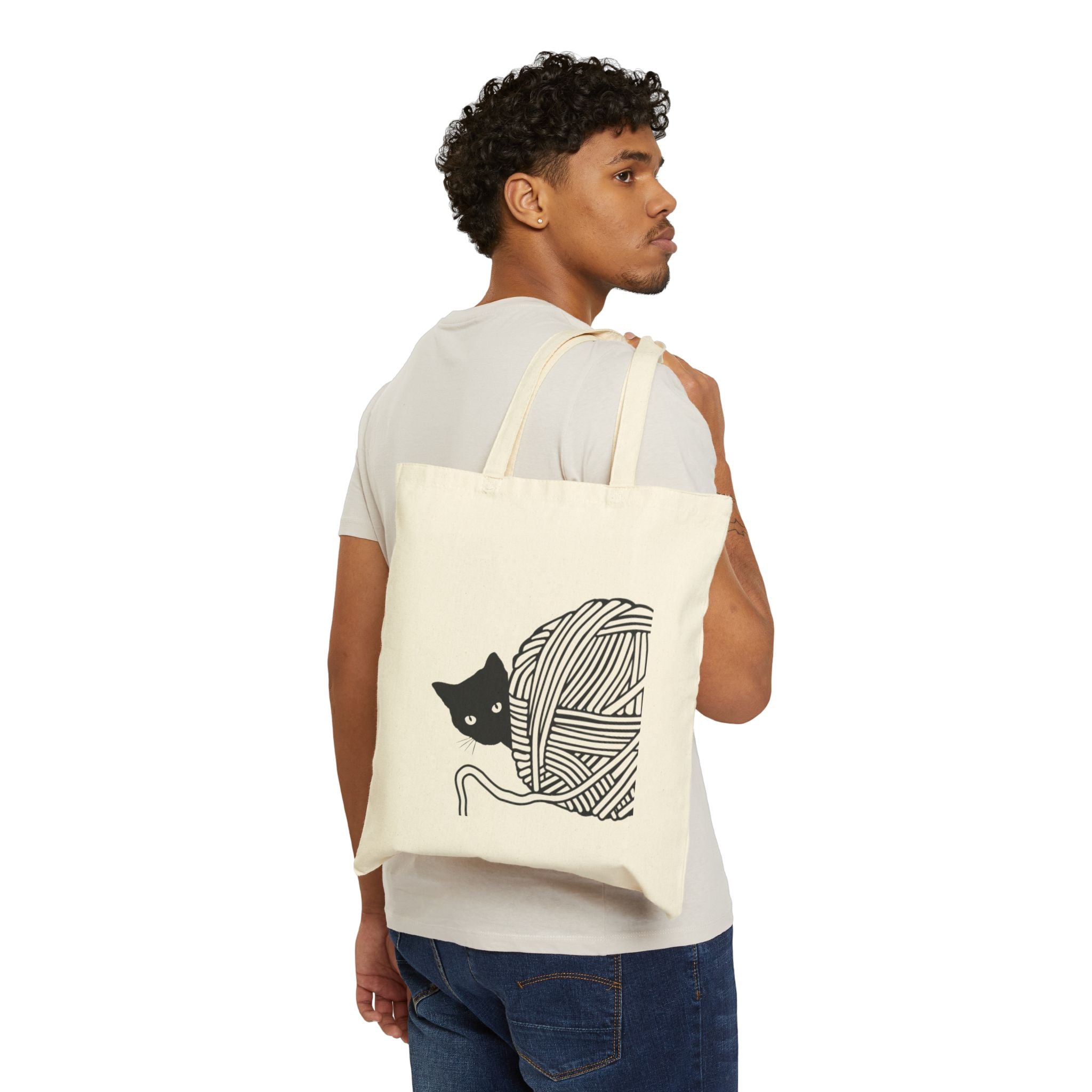 Cotton Canvas Tote Bag, Cat behind wool yarn design, Kitty lover gift, Cute cat tote, Reusable shopping bag, Cat mom gift, Cat lady tote bag