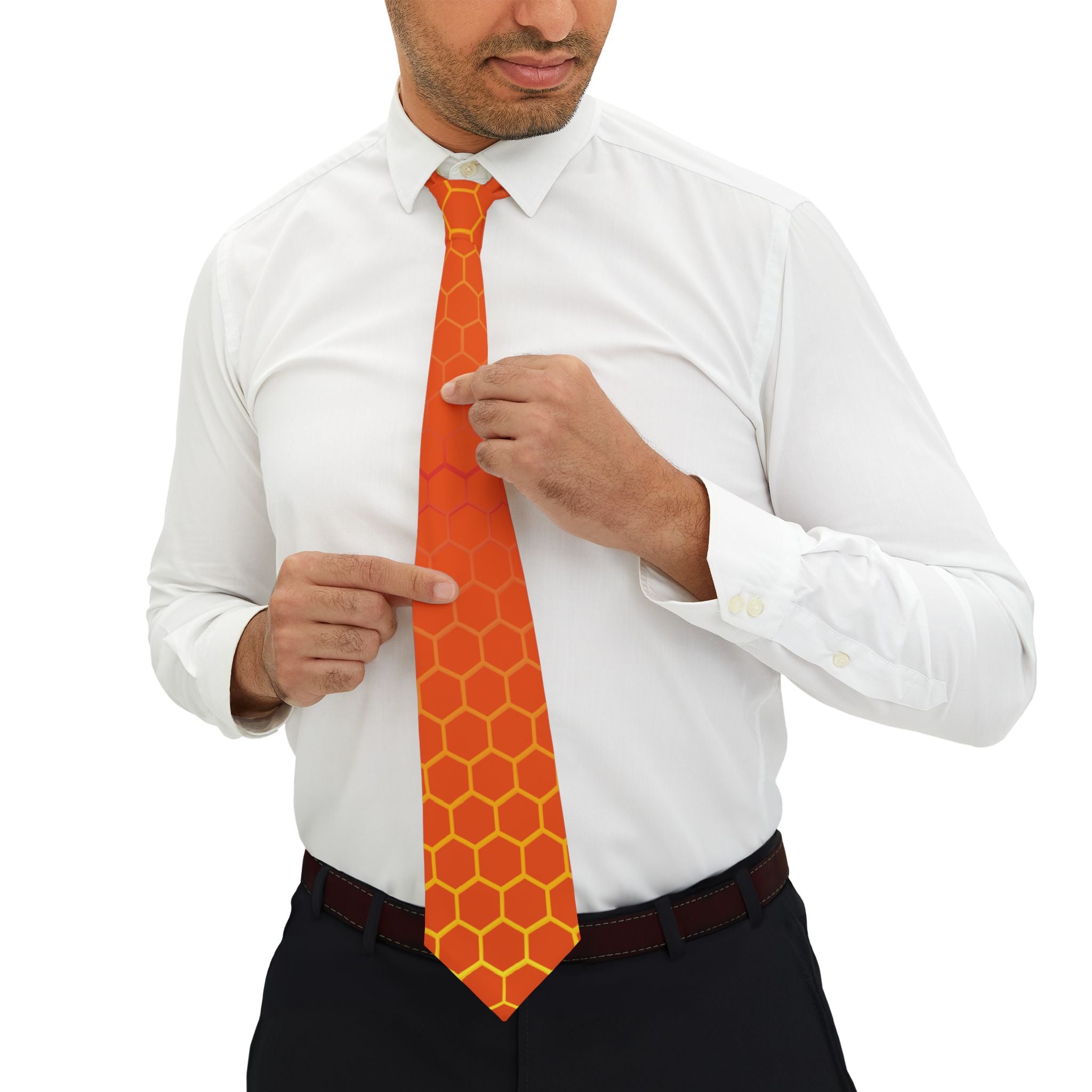 Hexagon Honeycomb Orange Necktie — Geometric Retro Pattern Tie