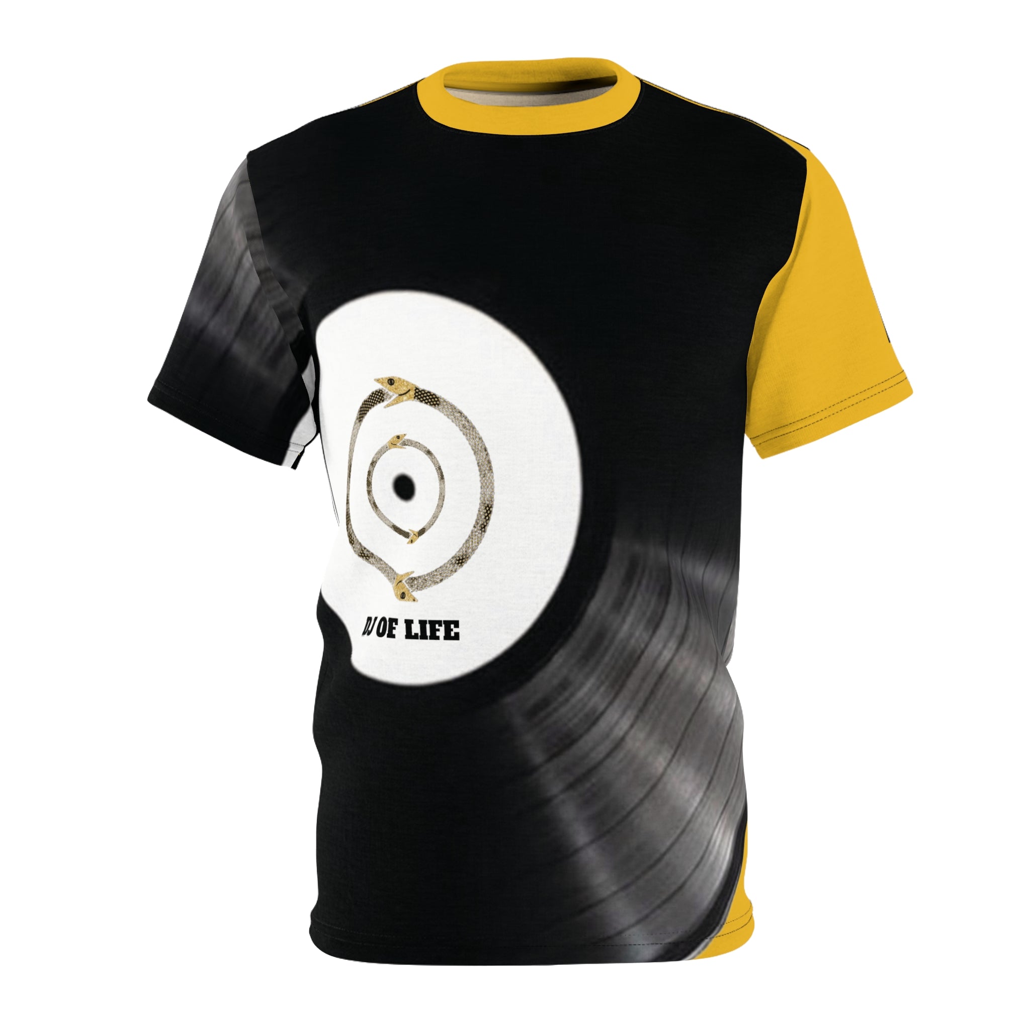 Fabled Fashion Vinyl Record design Unisex Cut & Sew Tee (AOP) Yellow