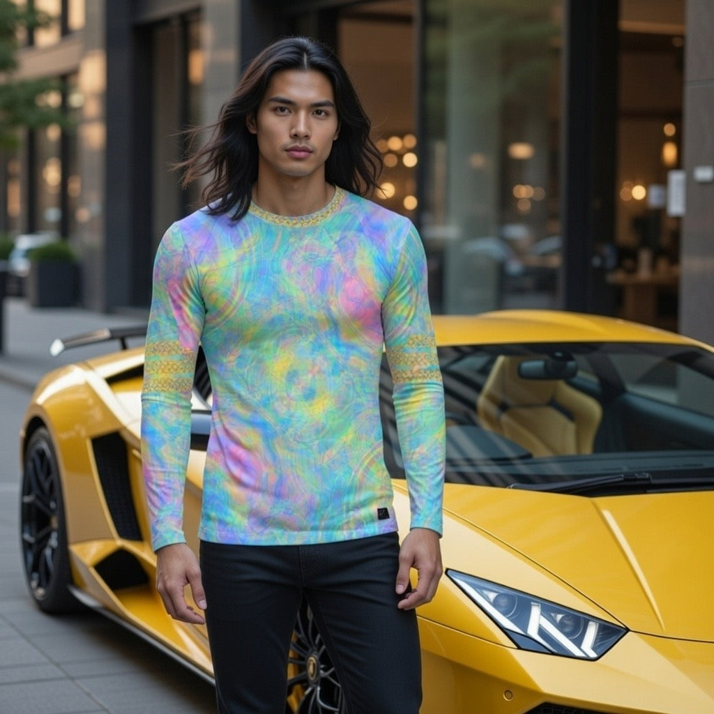 Fabled Fashion Men's Long Sleeve Psychedelic Tie-Dye Celtic chain effect AOP Shirt