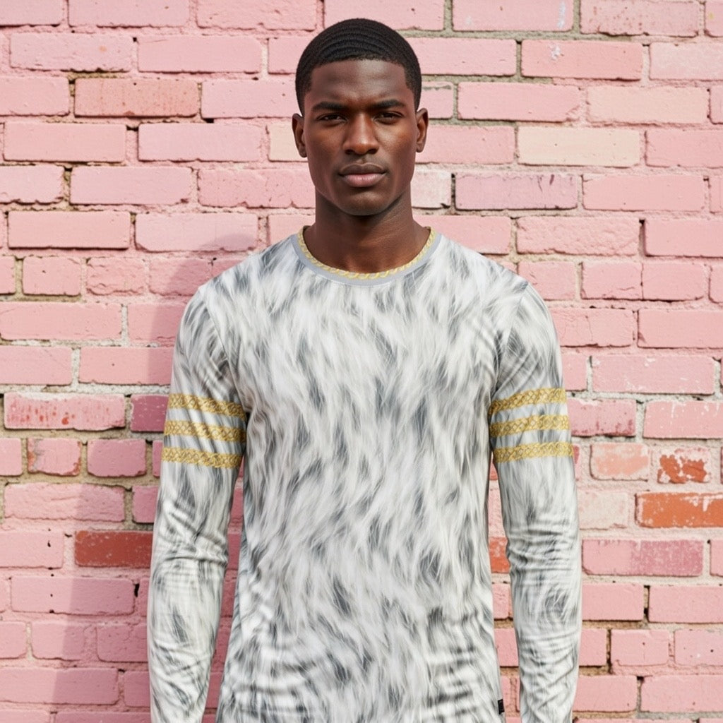 Fabled Fashion Men's Long Sleeve Snow Fur effect triple Celtic chain AOP Shirt