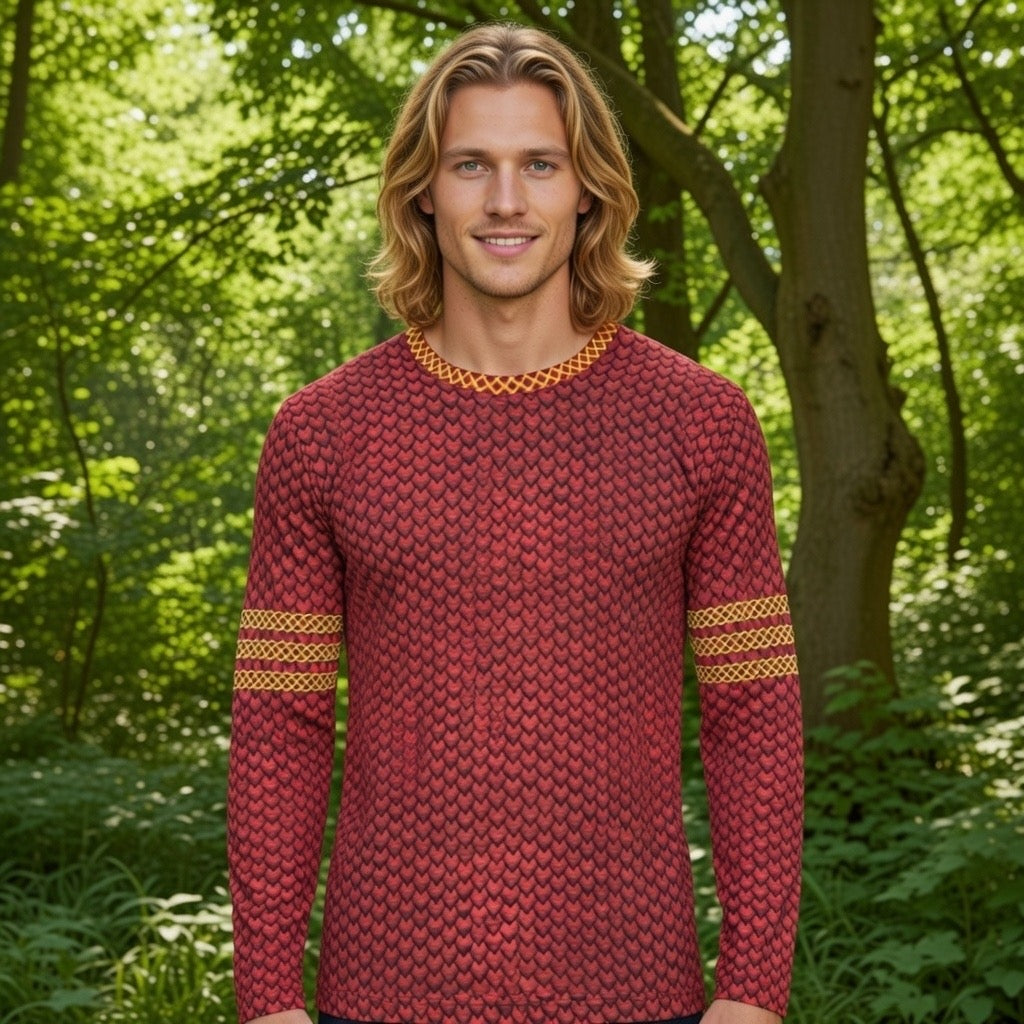 Fabled Fashion Men's Long Sleeve Red Dragon skin with celtic chain effect AOP Shirt