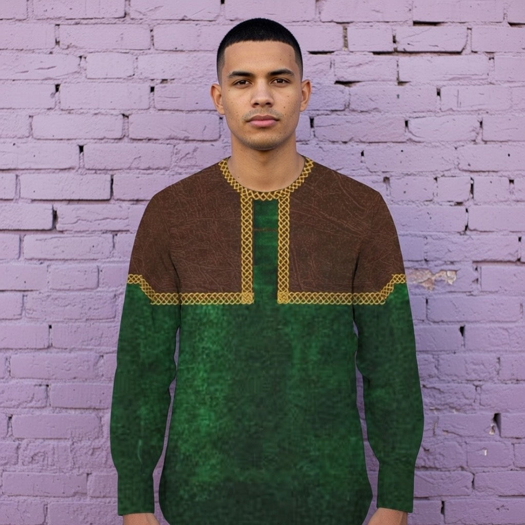 Fabled Fashion Men's Long Sleeve Leather and velvet celtic chain effect Robin Hood style AOP Shirt