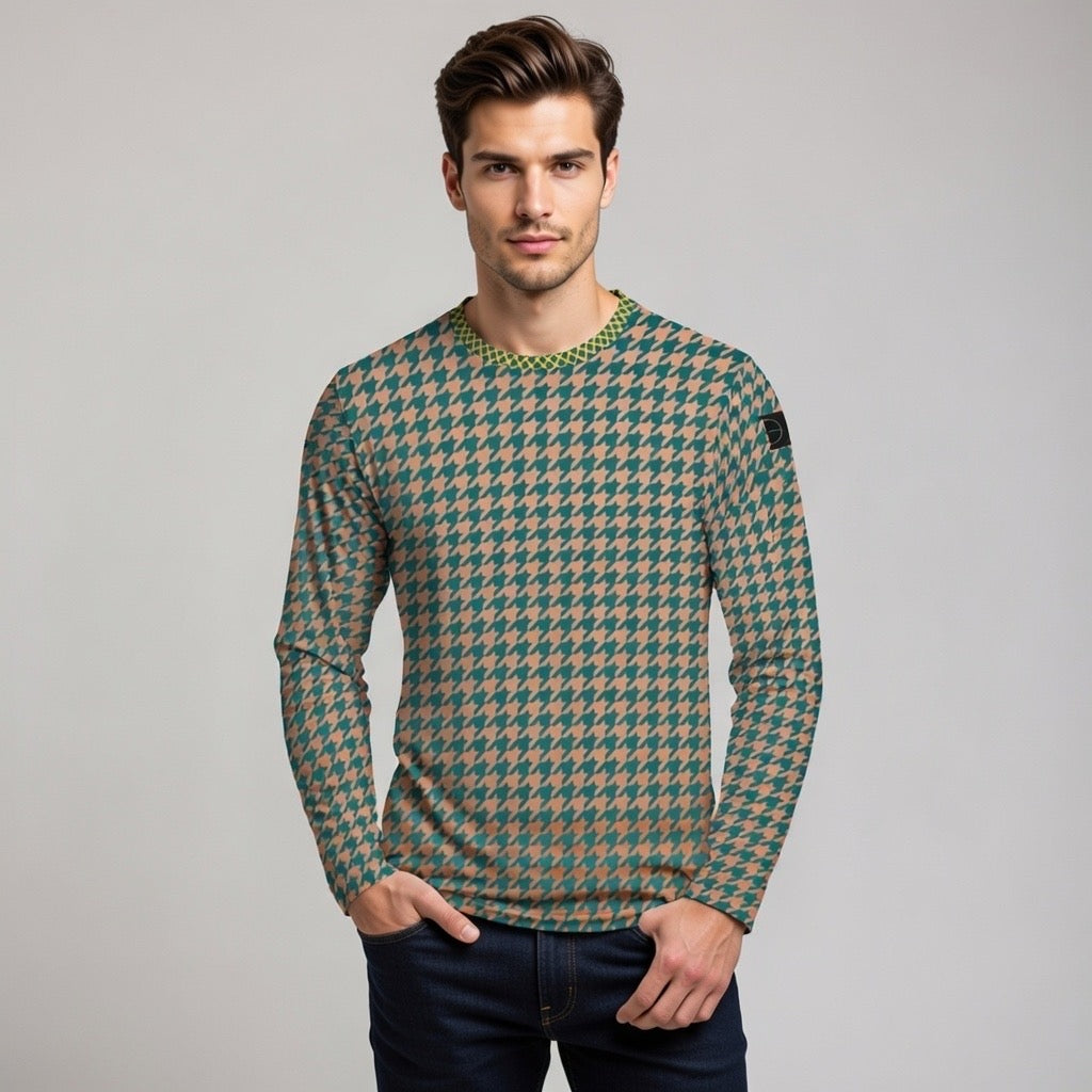Fabled Fashion Men's Long Sleeve Verdigris and Copper Houndstooth pattern AOP Shirt