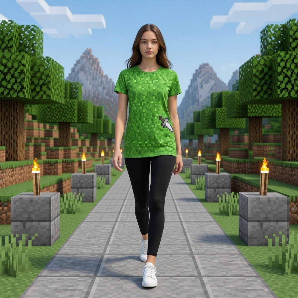 Gamer T-Shirt Dress - Green Pixelated Halloween Geek Gift