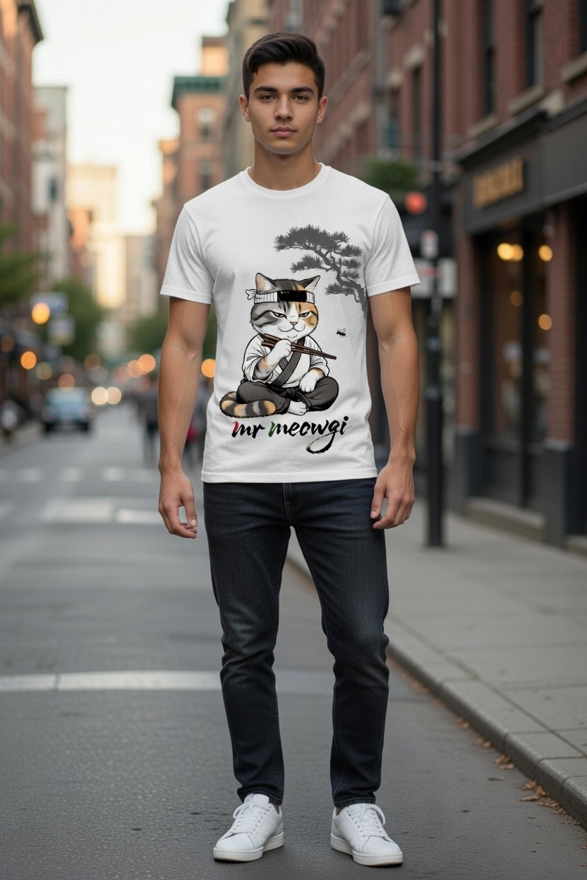 Mr. Meowgi Karate Kid T-Shirt — Streetwear Tee for cat lovers