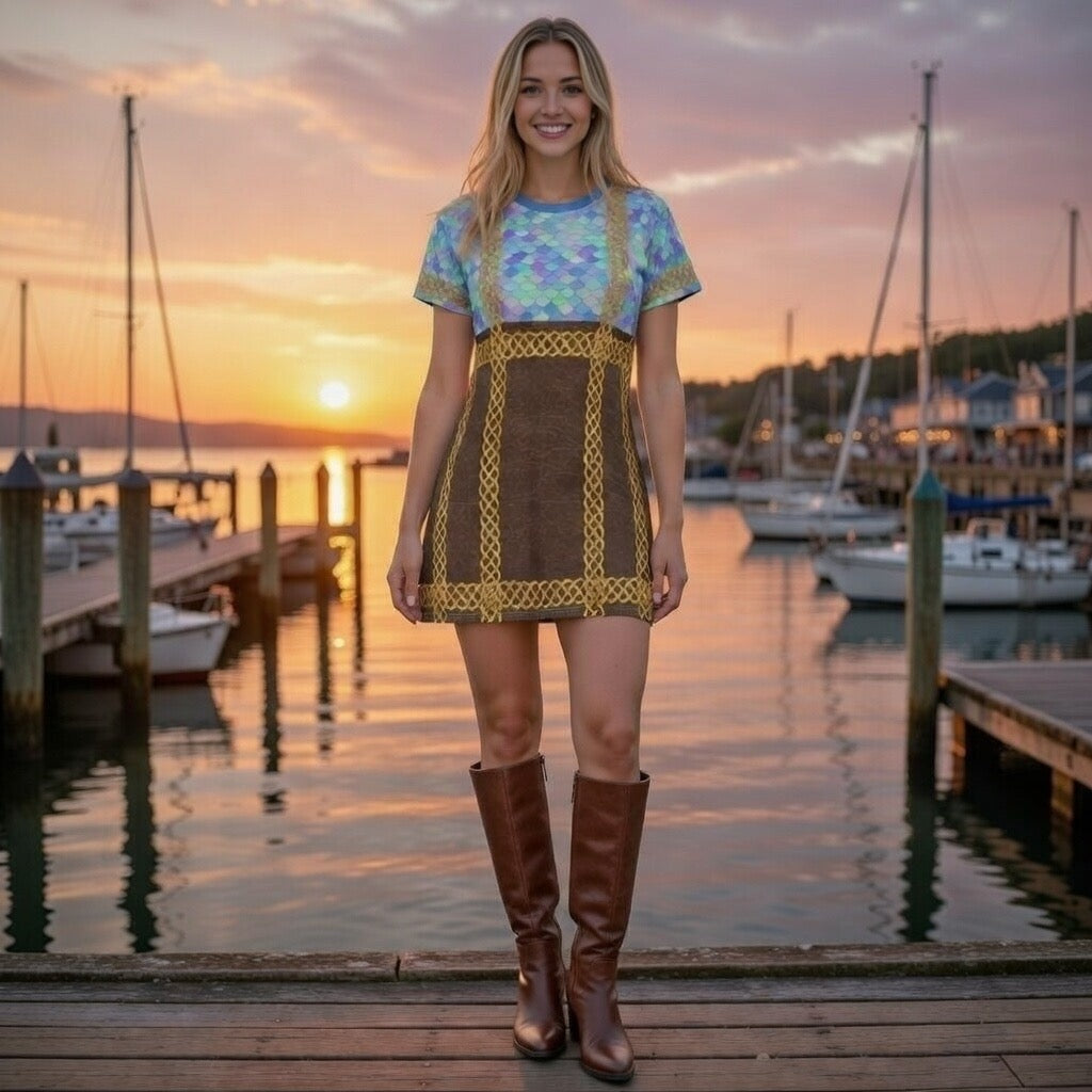 Fabled Fashion Mermaid Tail skin and Leather effect Celtic knot Medieval fashion All Over Print T-Shirt Dress