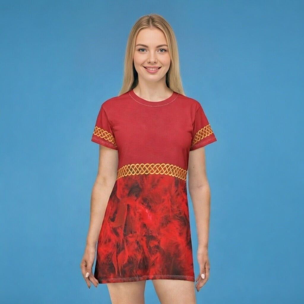 Fabled Fashion Red Feather effect Celtic Knot Medieval Fashions All Over Print Spring/Summer T-Shirt Dress