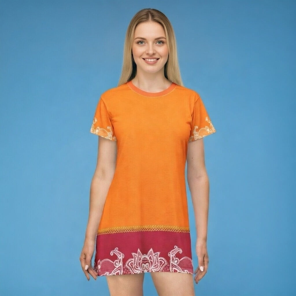 Fabled Fashion Velma Dinkley colour inspired Lace effect with Celtic Knot All Over Print Spring/Summer T-Shirt Dress