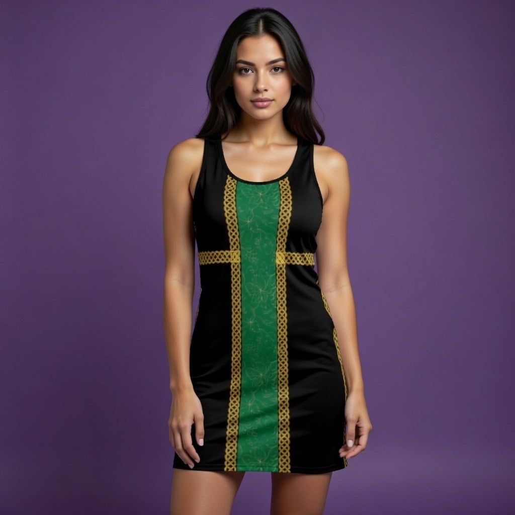 Fabled Fashion Green grape band with Celtic knot effect Black Women's Cut & Sew Racerback Dress (AOP)