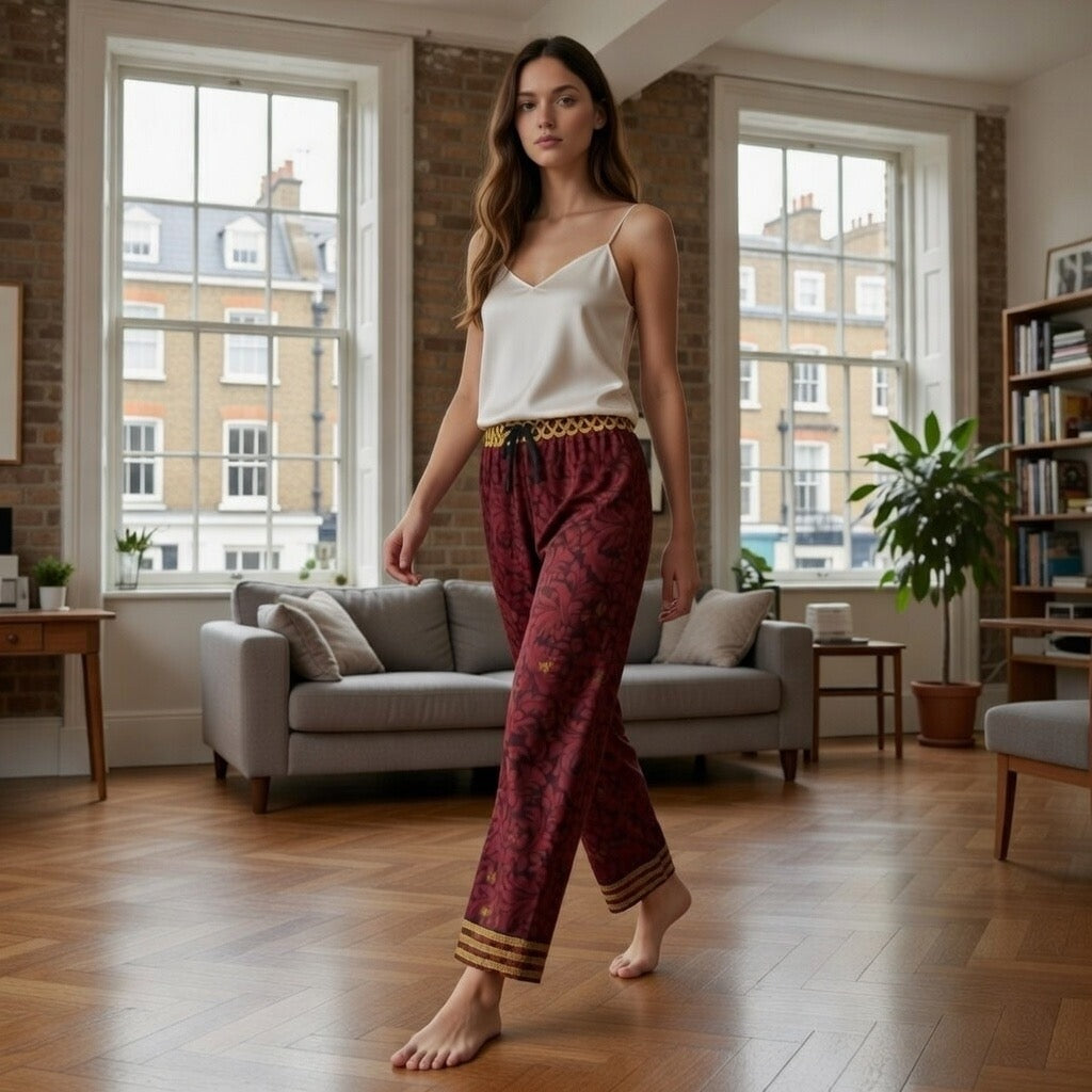 Fabled Fashion Dragonborn Red Damask/Gold Celtic knot Women's Pajama Pants (AOP) Pants of Relaxation
