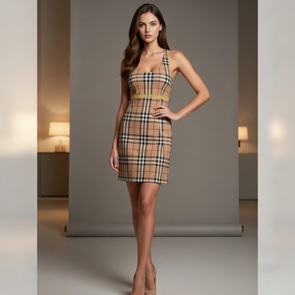 Fabled Fashion Beige Plaid Celtic Knot effect Women's Cut & Sew Racerback Dress (AOP)