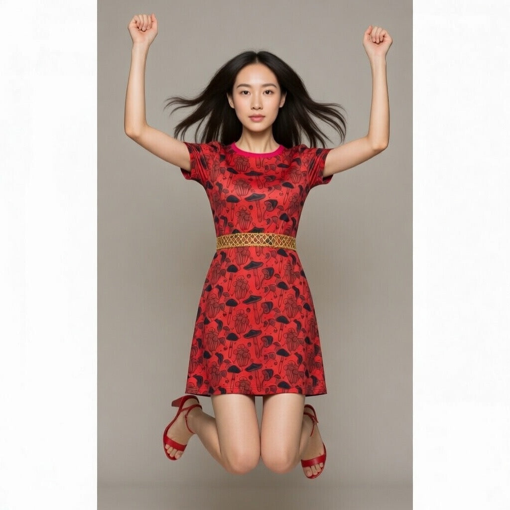 Fabled Fashion Red Mushrooms Celtic Knot All Over Print Spring/Summer T-Shirt Dress