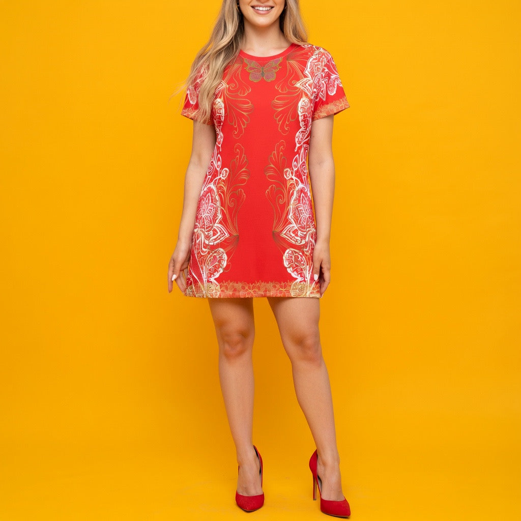 Fabled Fashion White/Gold Lace embroidered effect Red All Over Print Spring/Summer T-Shirt Dress