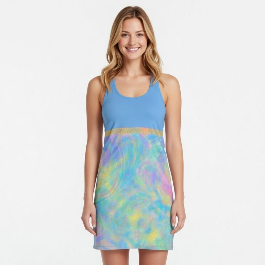 Fabled Fashion Light blue Psychedelic Tie-Dye effect Celtic Knot Women's Cut & Sew Racerback Dress (AOP)