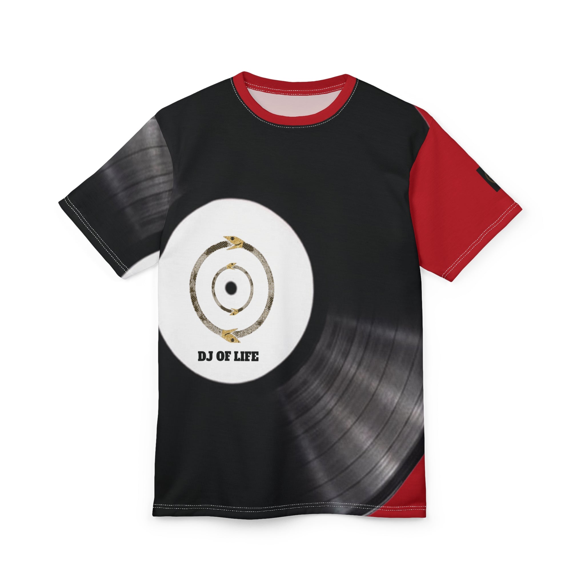 Fabled Fashion Vinyl Record design Unisex Cut & Sew Tee (AOP) Red