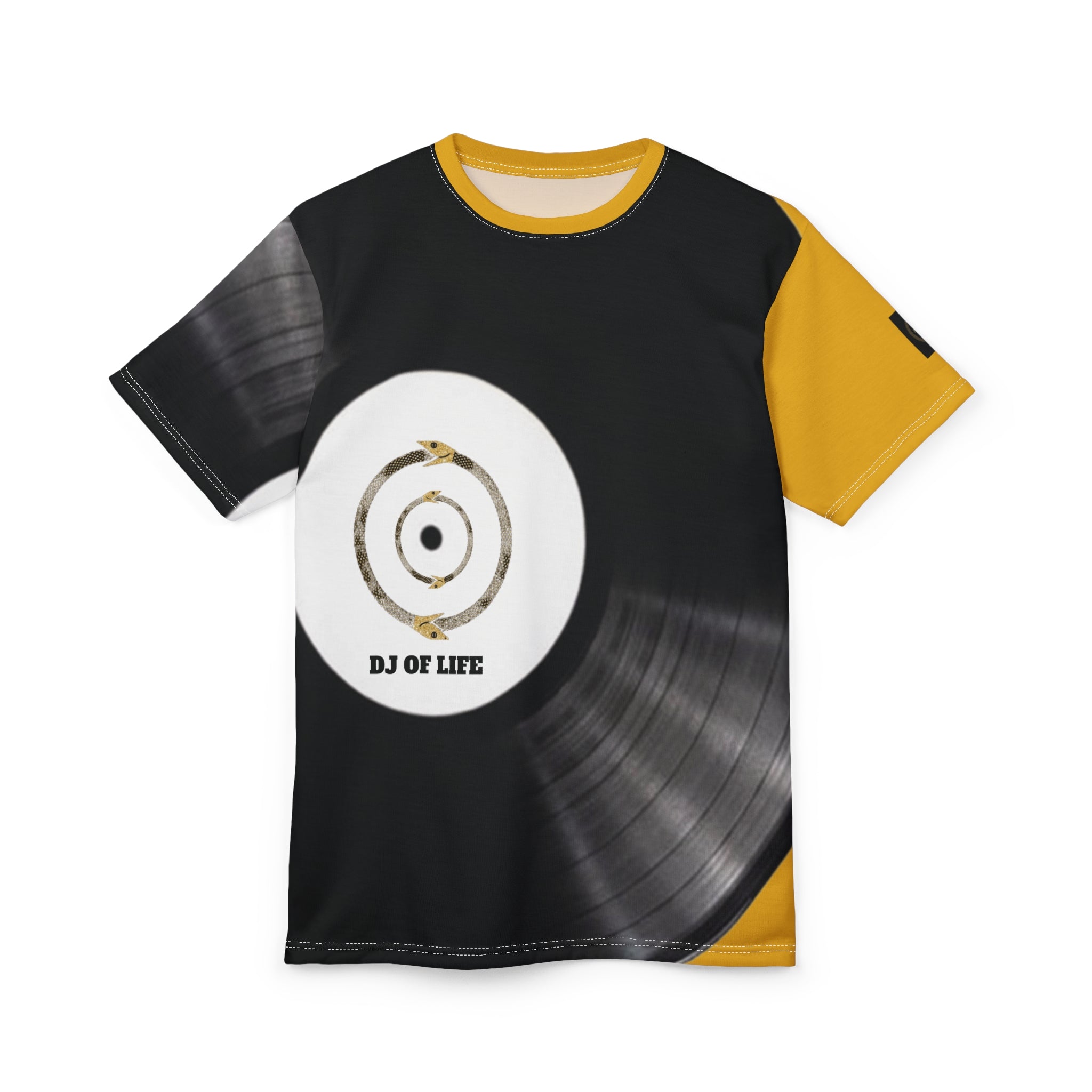 Fabled Fashion Vinyl Record design Unisex Cut & Sew Tee (AOP) Yellow