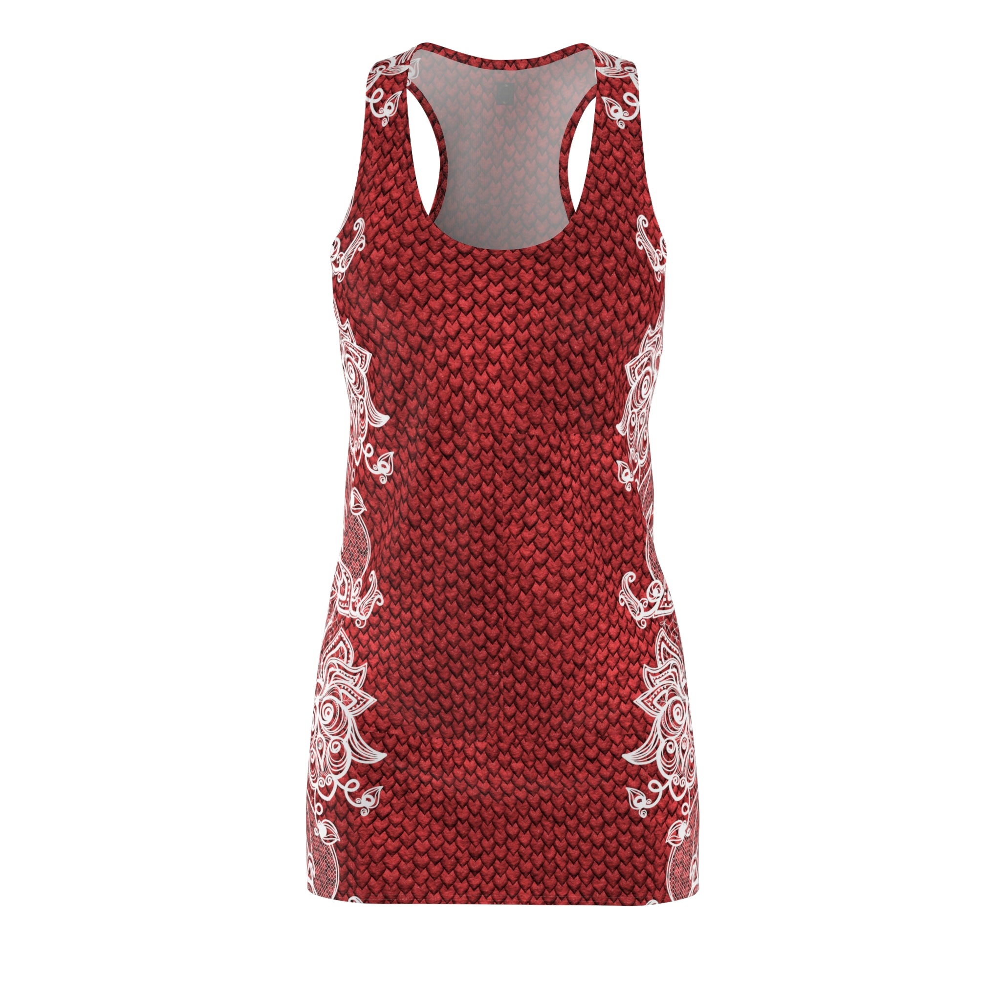 Fabled Fashion Red Dragon skin/White Lace effect Women's Cut & Sew Racerback Dress (AOP)