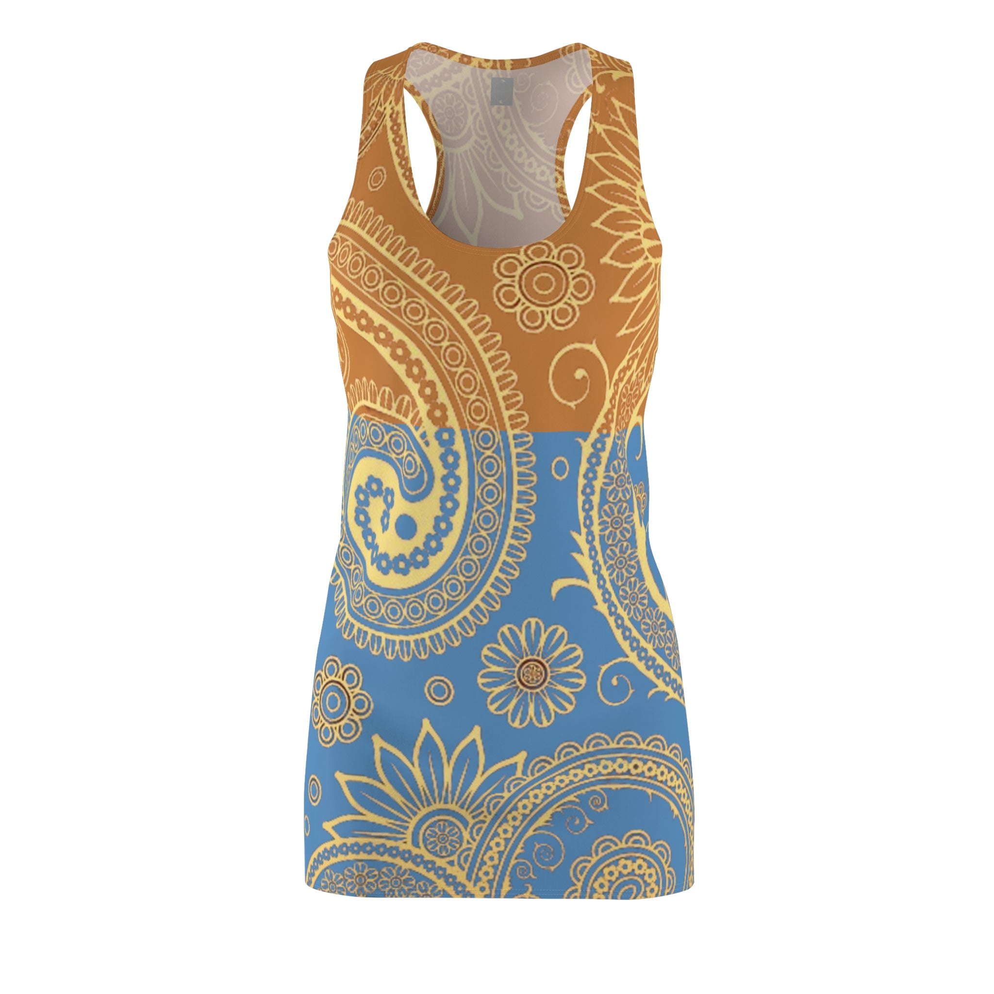 Fabled Fashion Tranquil Blue and Sundial Paisley effect Women's Cut & Sew Racerback Dress (AOP)