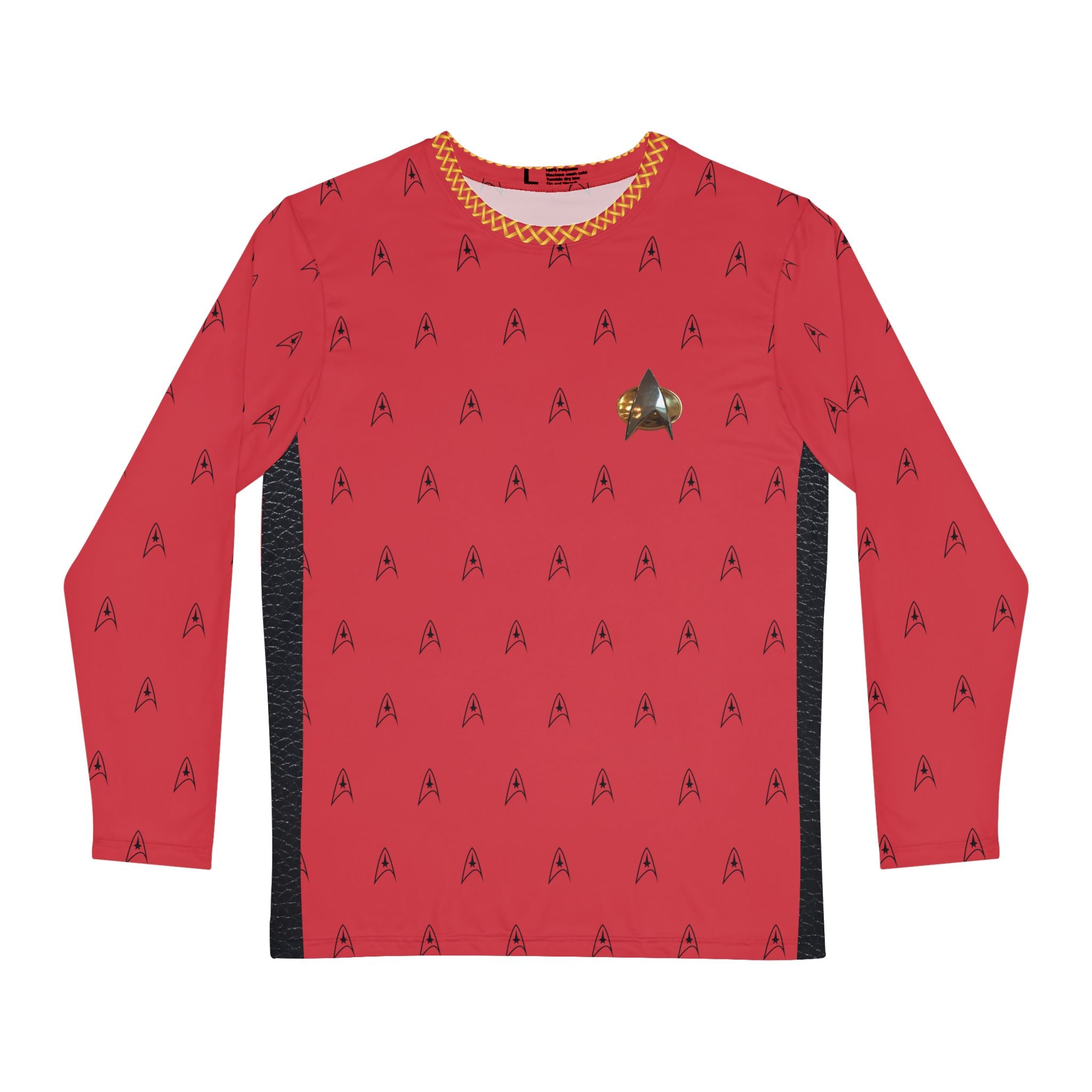 Fabled Fashion Men's Long Sleeve Red Trekkie leather accent effect patterned AOP Shirt