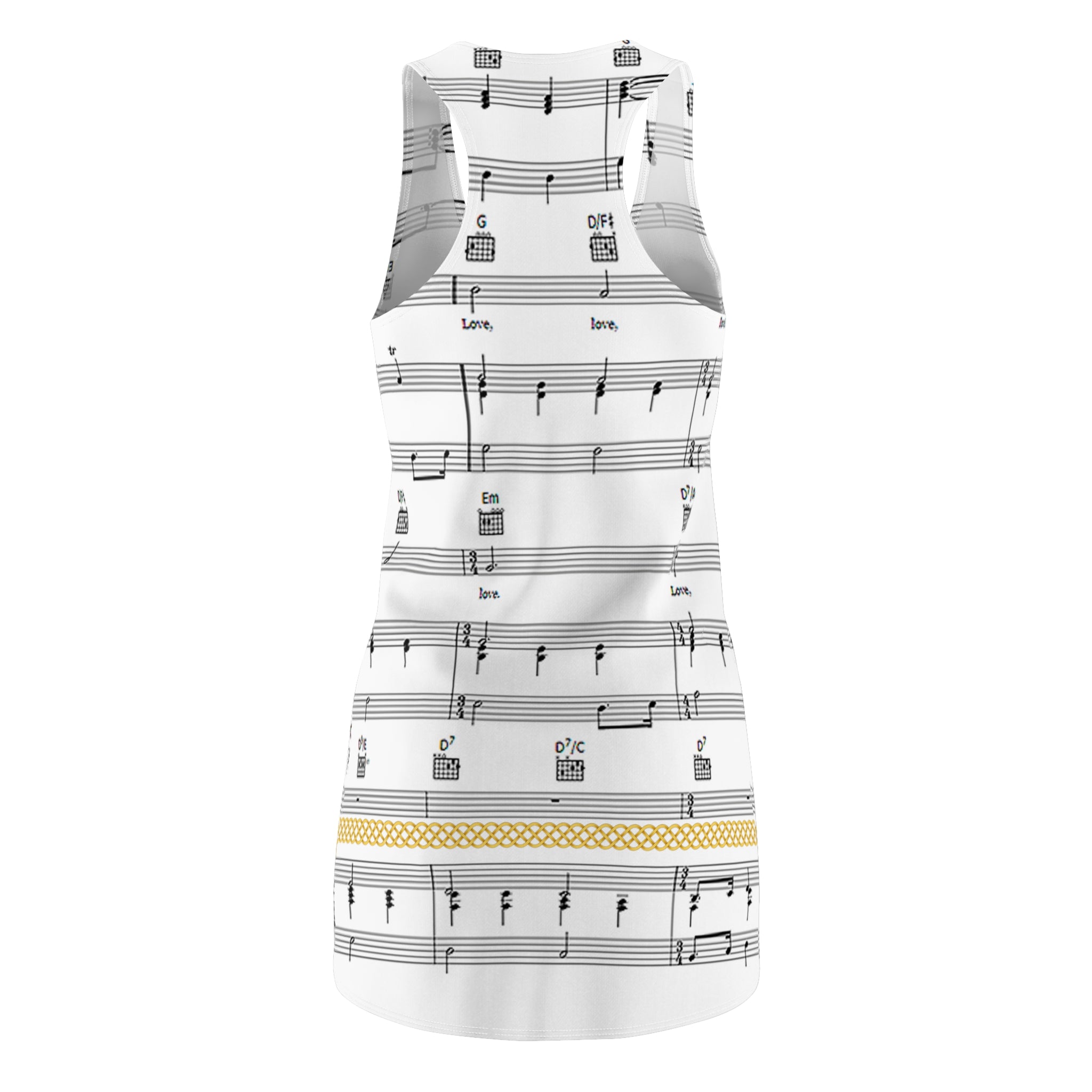 Fabled Fashion Musical stave pattern / All You need is love Celtic Knot effect Women's Cut & Sew Racerback Dress (AOP)
