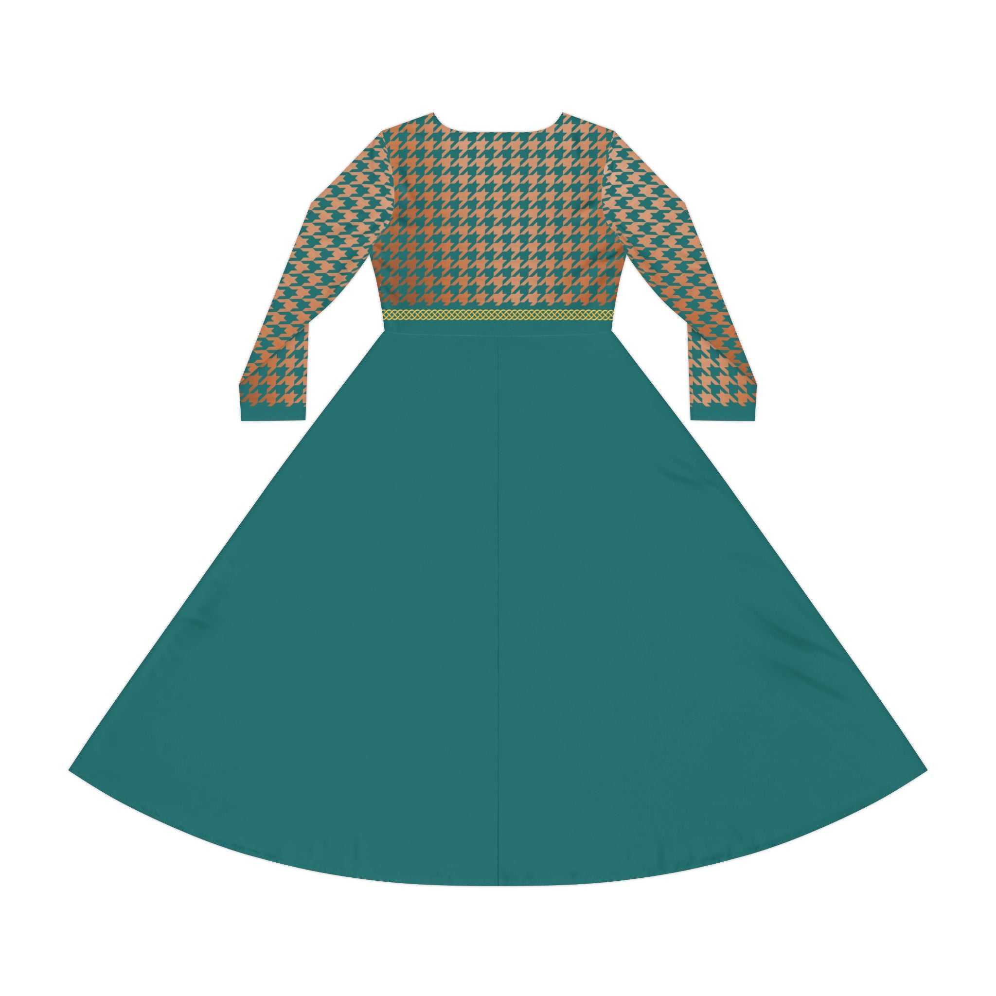 Fabled Fashion Verdigris/Copper houndstooth and Celtic knot Women's Long Sleeve Dance Dress (AOP)