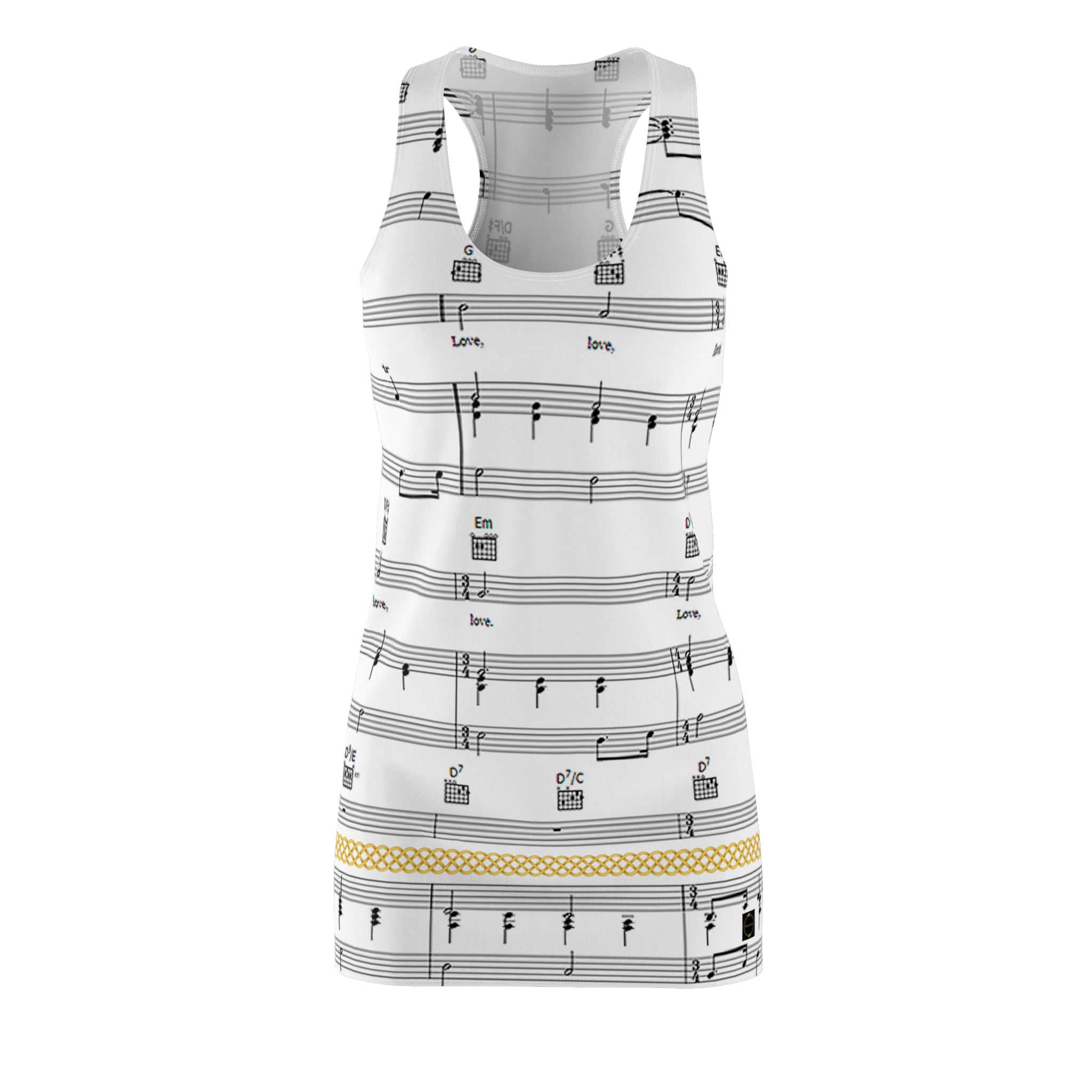 Fabled Fashion Musical stave pattern / All You need is love Celtic Knot effect Women's Cut & Sew Racerback Dress (AOP)