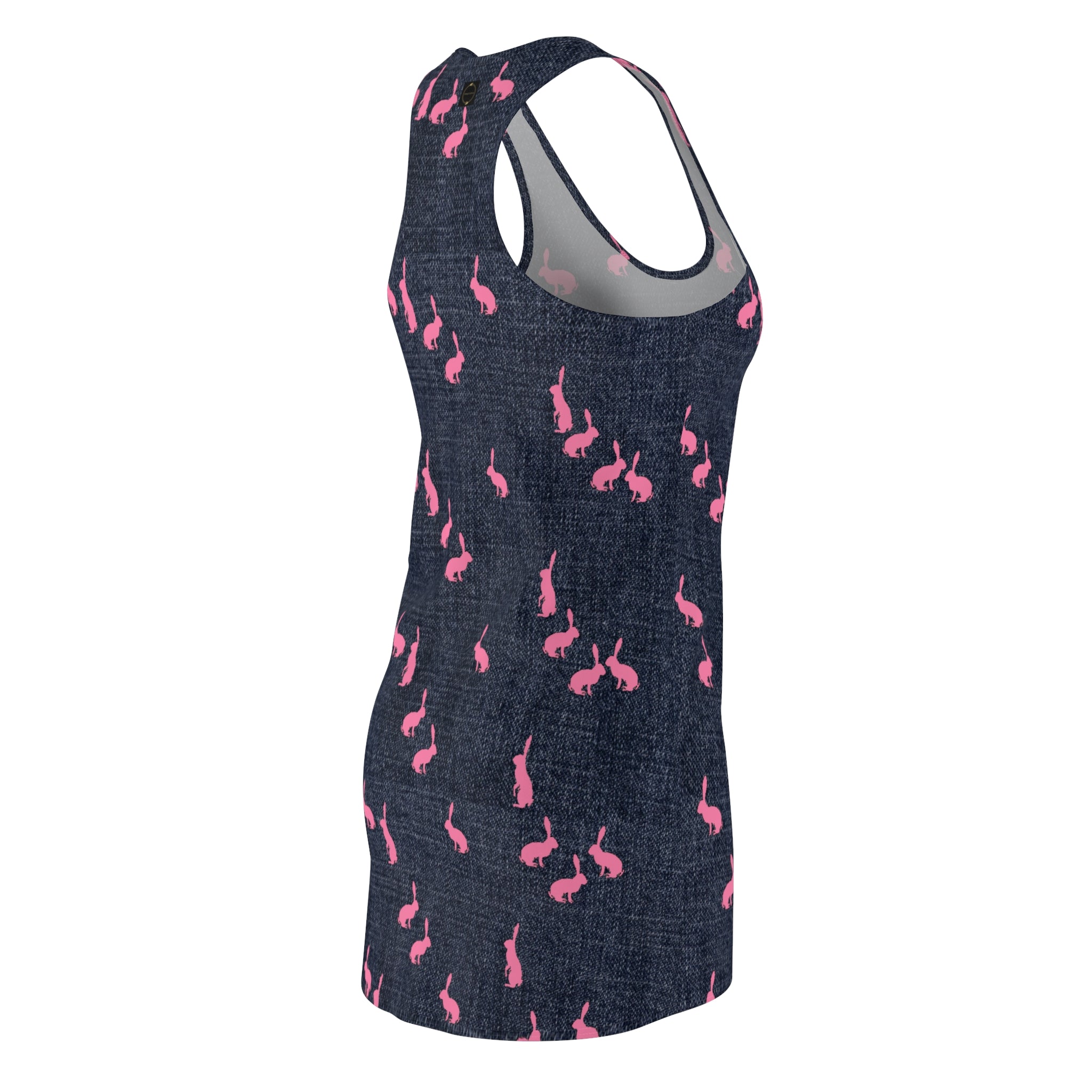 Fabled Fashion Pink Rabbits on Denim effect  Women's Cut & Sew Racerback Dress (AOP)