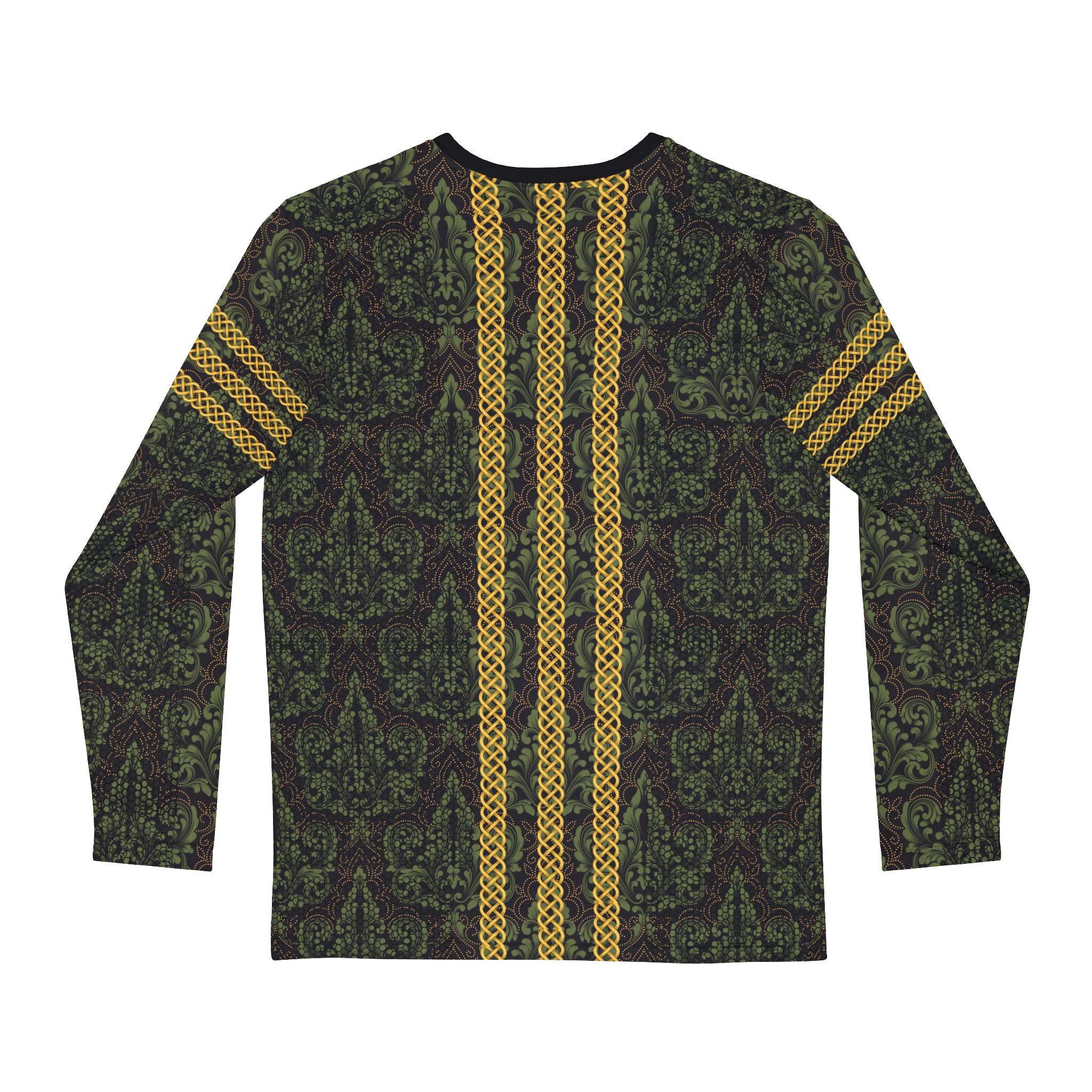 Fabled Fashion Men's Long Sleeve Green Damask and Black lace effect with Celtic knot chain AOP Shirt