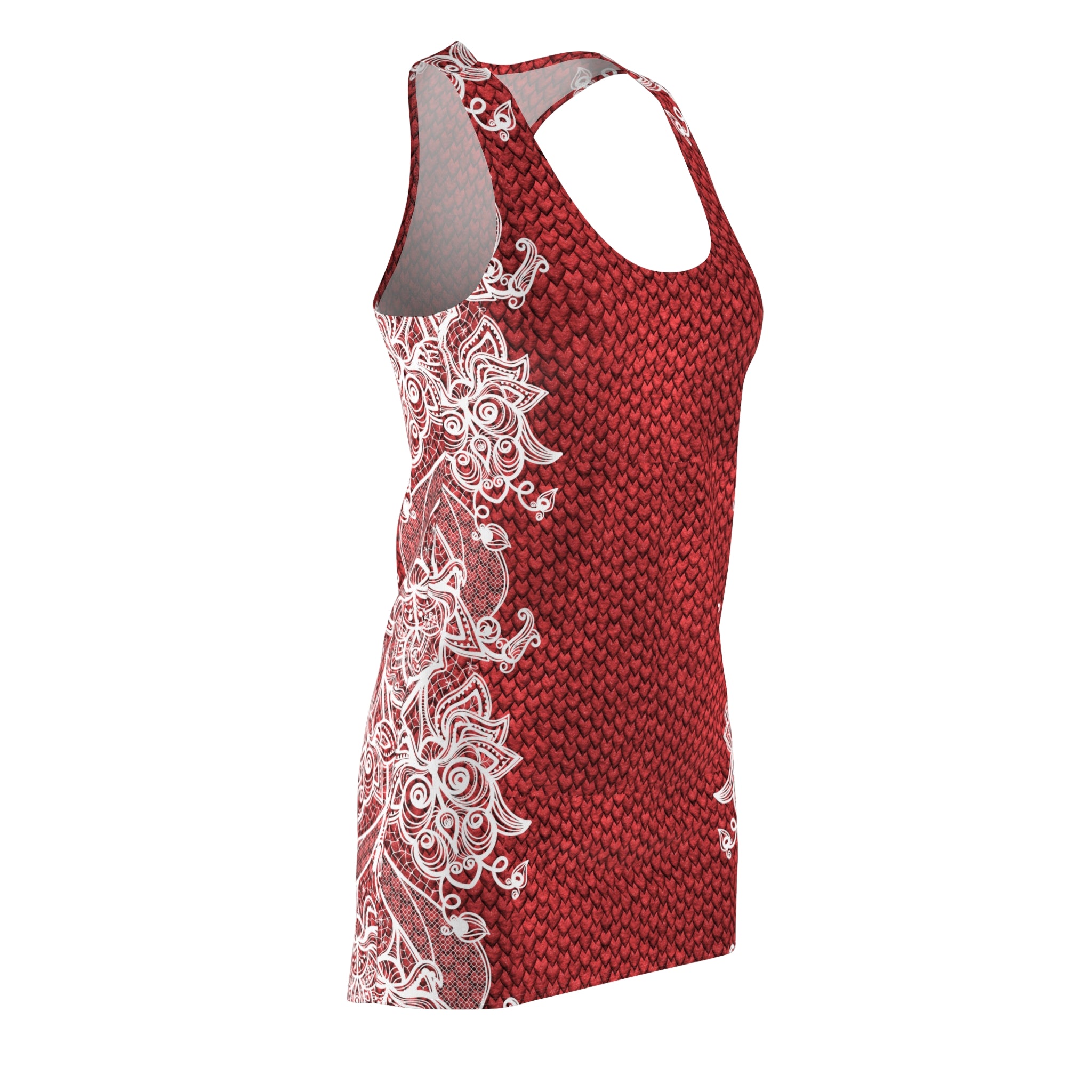 Fabled Fashion Red Dragon skin/White Lace effect Women's Cut & Sew Racerback Dress (AOP)