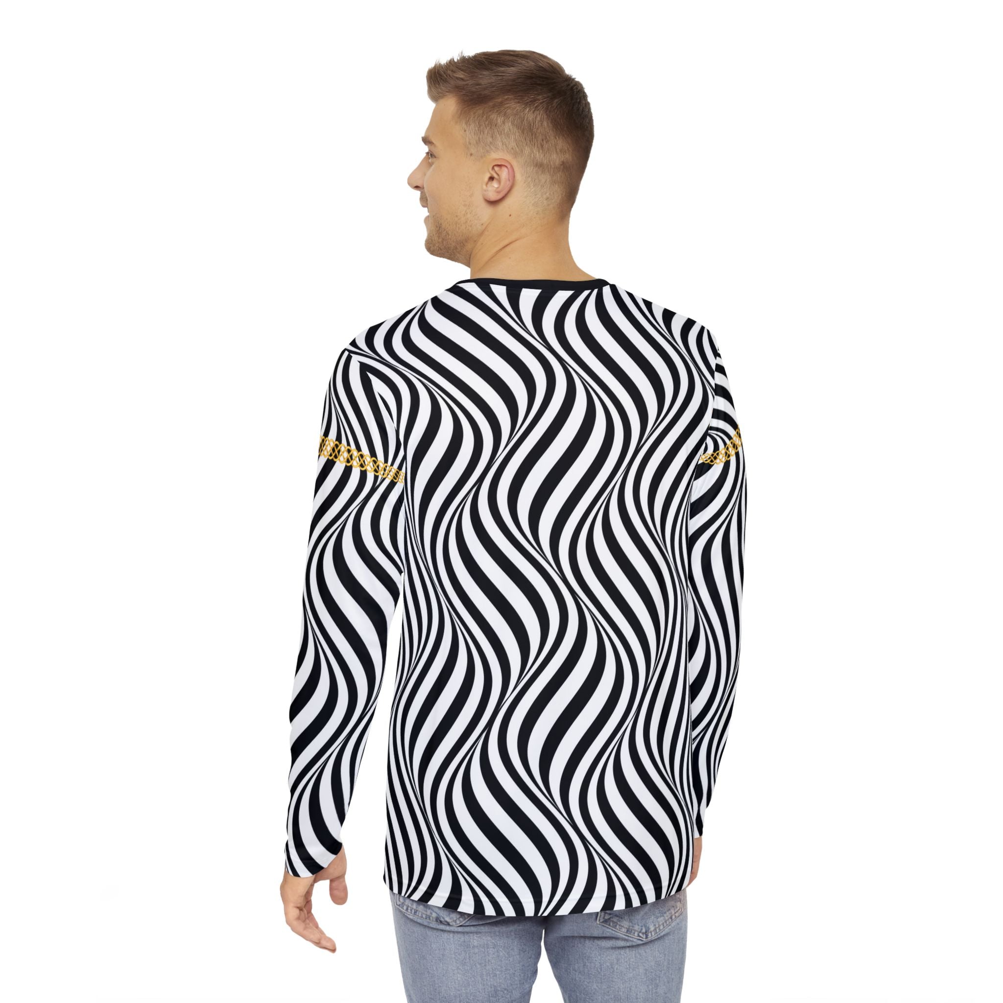Fabled Fashion Men's Long Sleeve Back/White optical illusion Celtic chain effect AOP Shirt