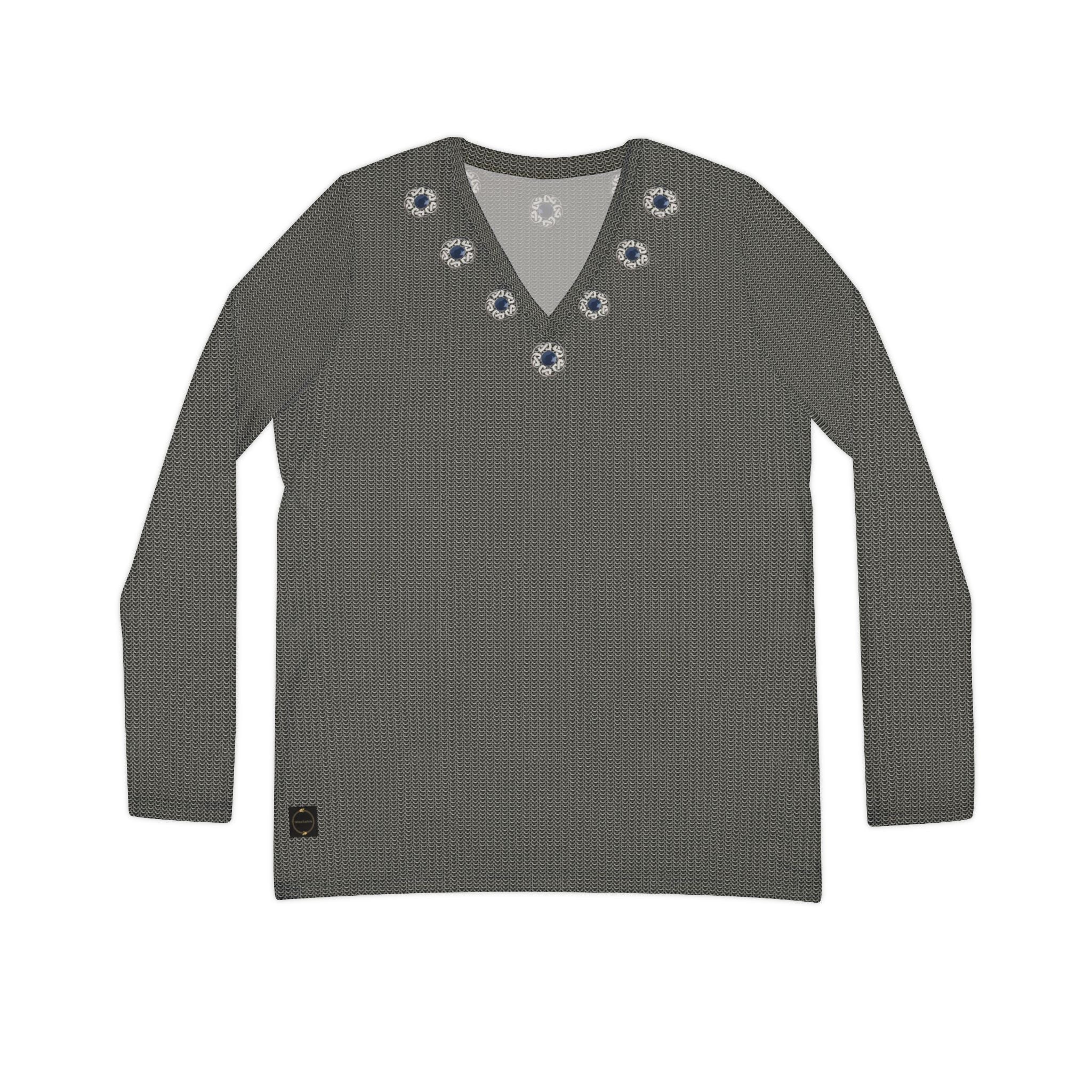Fabled Fashion Grey/Silver chainmail effect print Women's Long Sleeve V-neck Shirt (AOP)