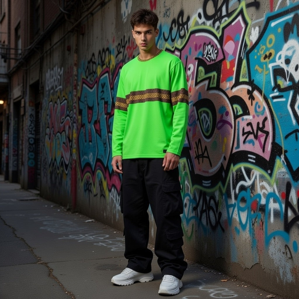 Fabled Fashion Men's Long Sleeve Hi Vis with Leather band and Celtic chain effect AOP Shirt