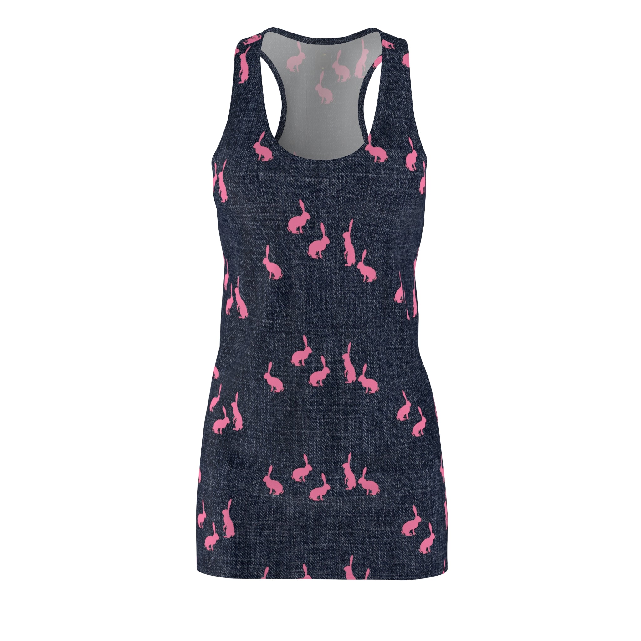 Fabled Fashion Pink Rabbits on Denim effect  Women's Cut & Sew Racerback Dress (AOP)