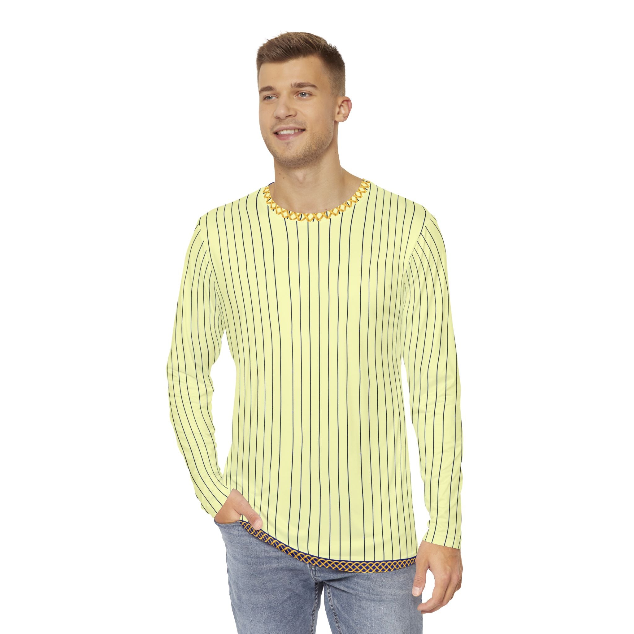 Fabled Fashion Men's Long Sleeve Cream pinstripe with Celtic chain effect AOP shirt.