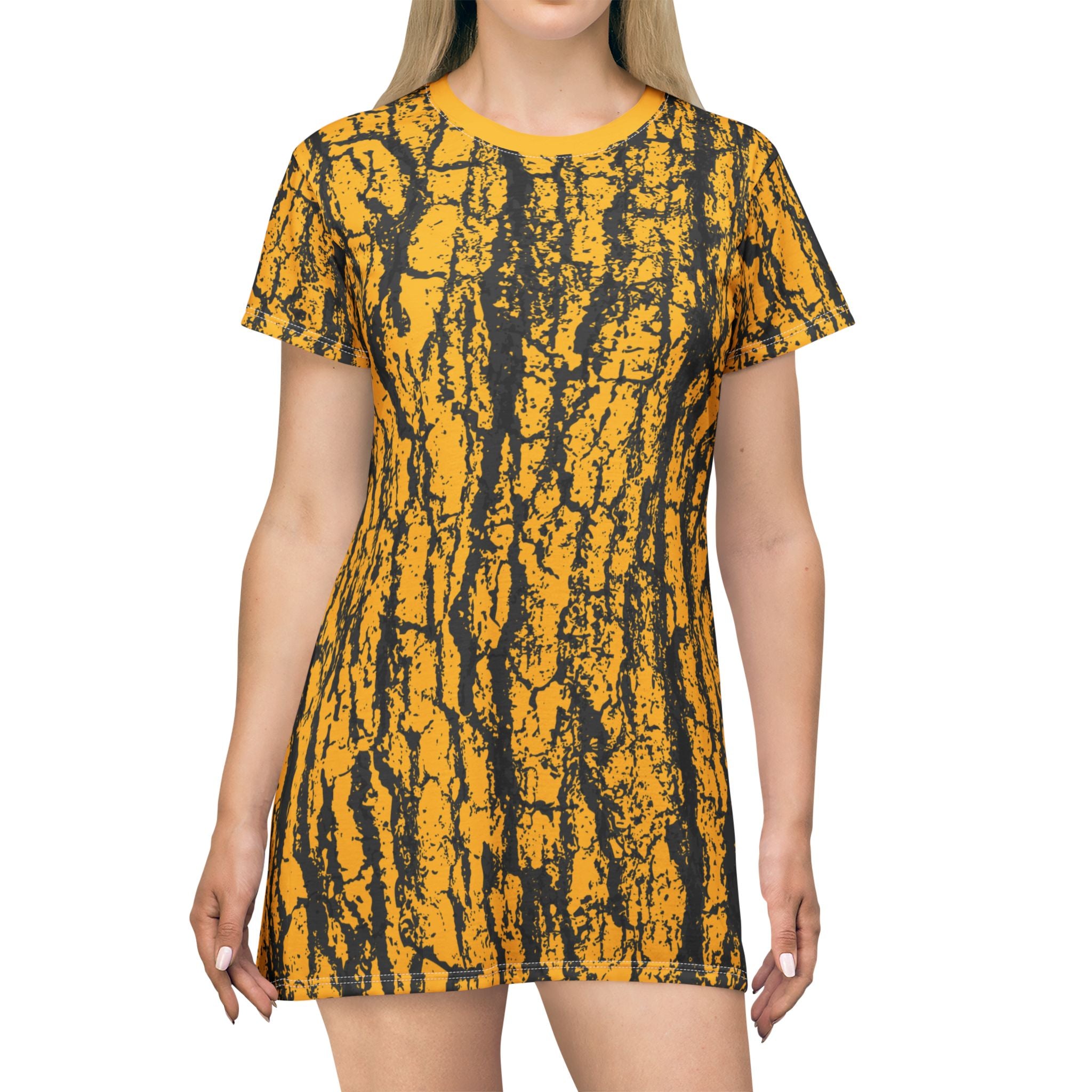 Fabled Fashion Bark effect Yellow All Over Print Spring/Summer T-Shirt Dress