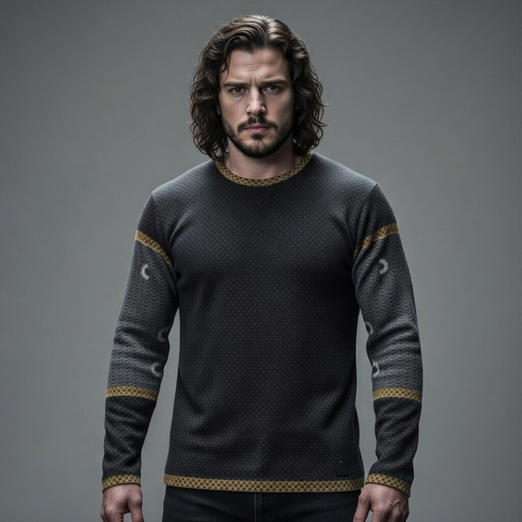 Fabled Fashion Men's Long Sleeve Studded Leather and Chainmail effect AOP Shirt