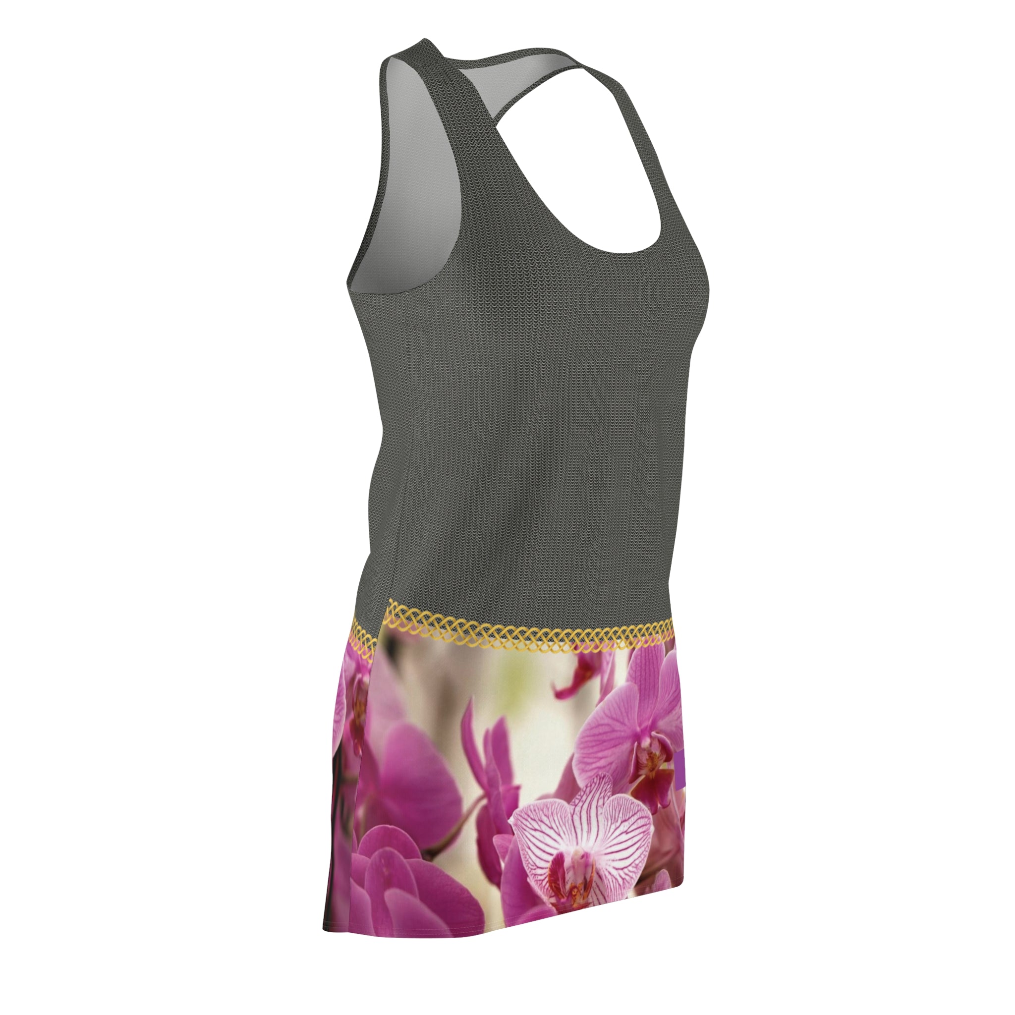 Fabled Fashion Chainmail and Purple flowers effect Women's Cut & Sew Racerback Dress (AOP) For Sarah