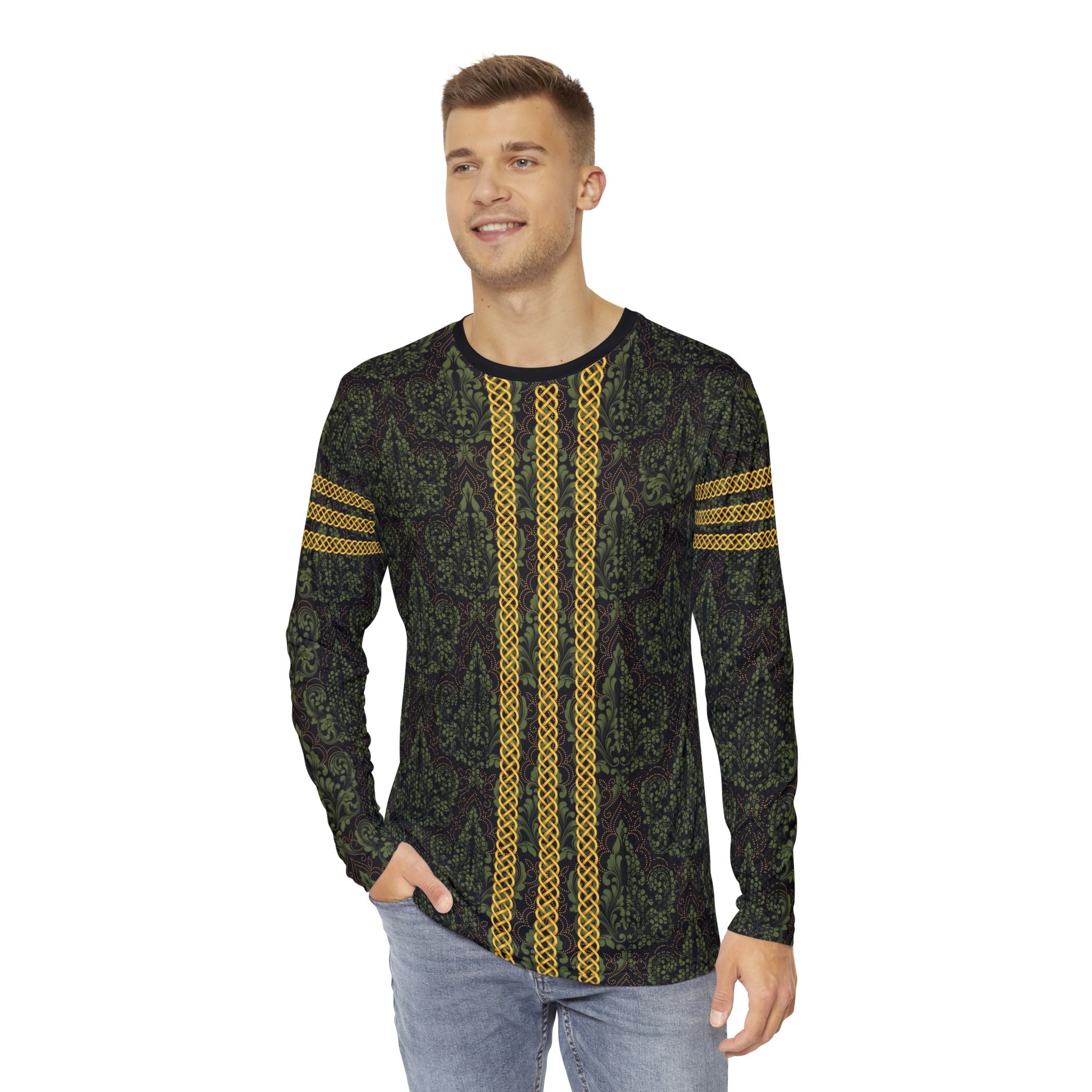Fabled Fashion Men's Long Sleeve Green Damask and Black lace effect with Celtic knot chain AOP Shirt