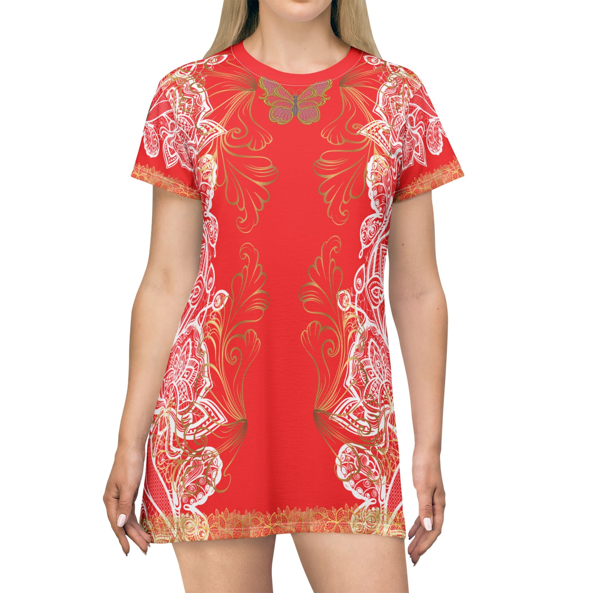 Fabled Fashion White/Gold Lace embroidered effect Red All Over Print Spring/Summer T-Shirt Dress