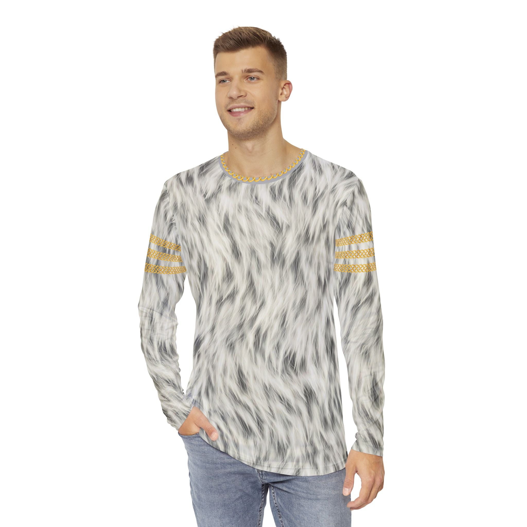Fabled Fashion Men's Long Sleeve Snow Fur effect triple Celtic chain AOP Shirt