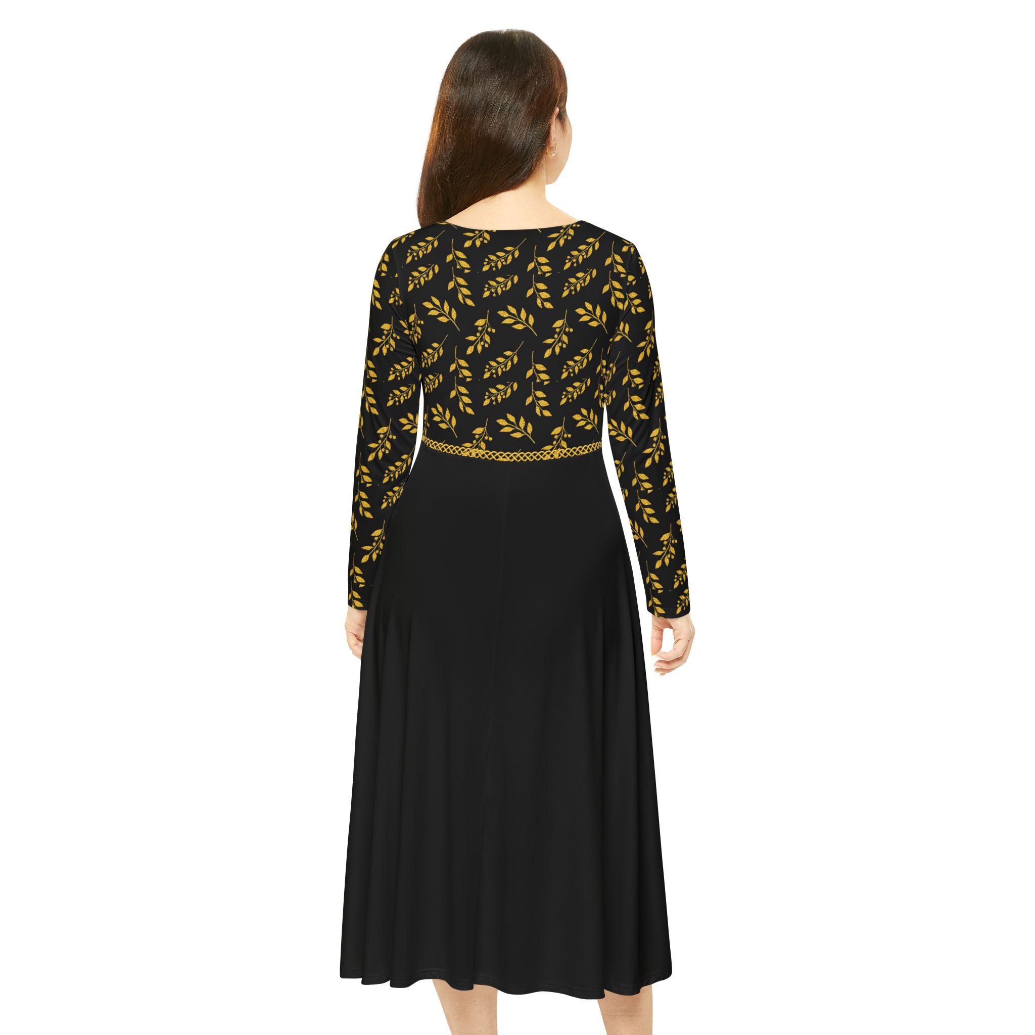Fabled Fashion Black and Gold leaves Celtic knot Women's Long Sleeve Dance Dress (AOP)