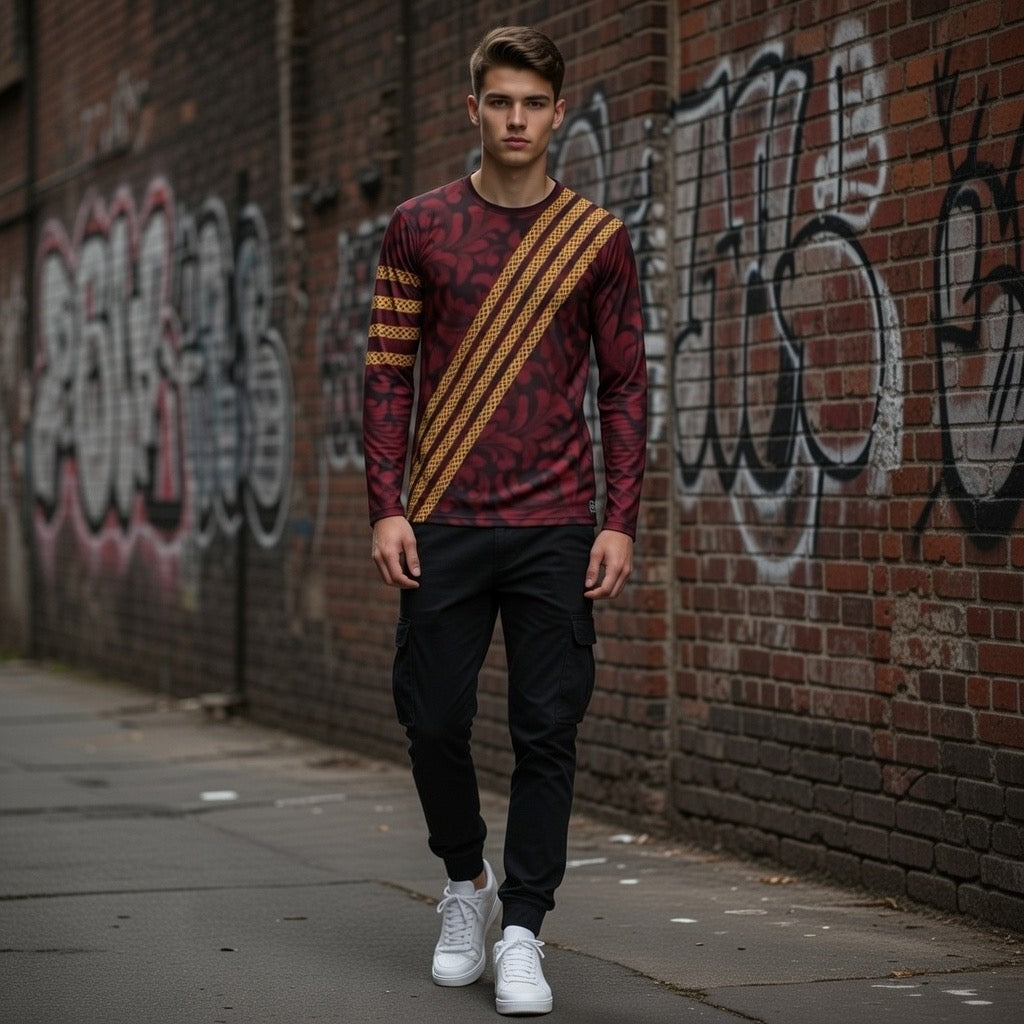 Fabled Fashion Men's Long Sleeve Red Damask and Celtic knot chain effect AOP Shirt