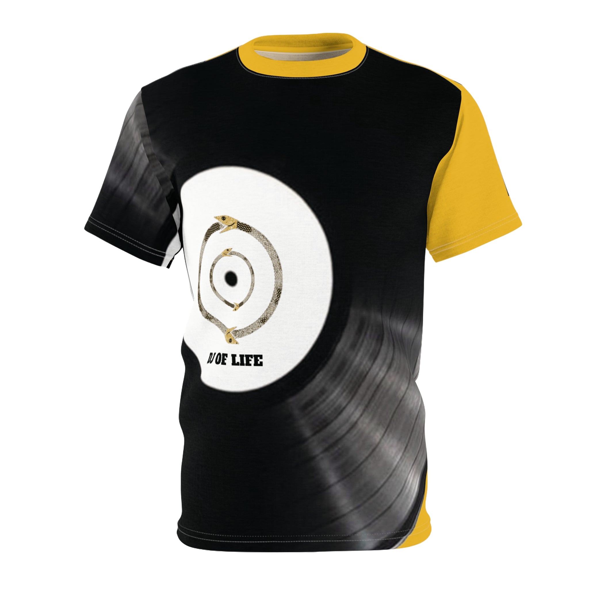 Fabled Fashion Vinyl Record design Unisex Cut & Sew Tee (AOP) Yellow