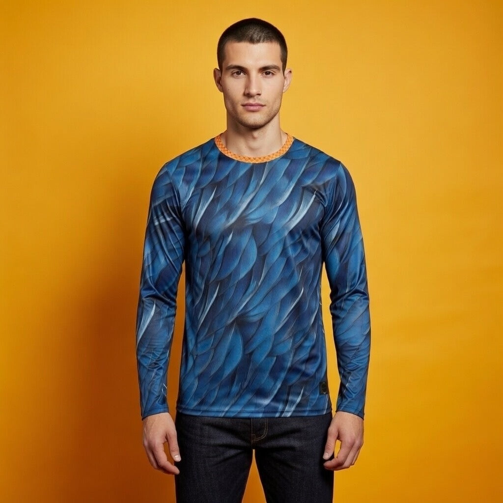 Fabled Fashion Men's Blue Feather Print Celtic chain AOP Shirt Blue/Orange