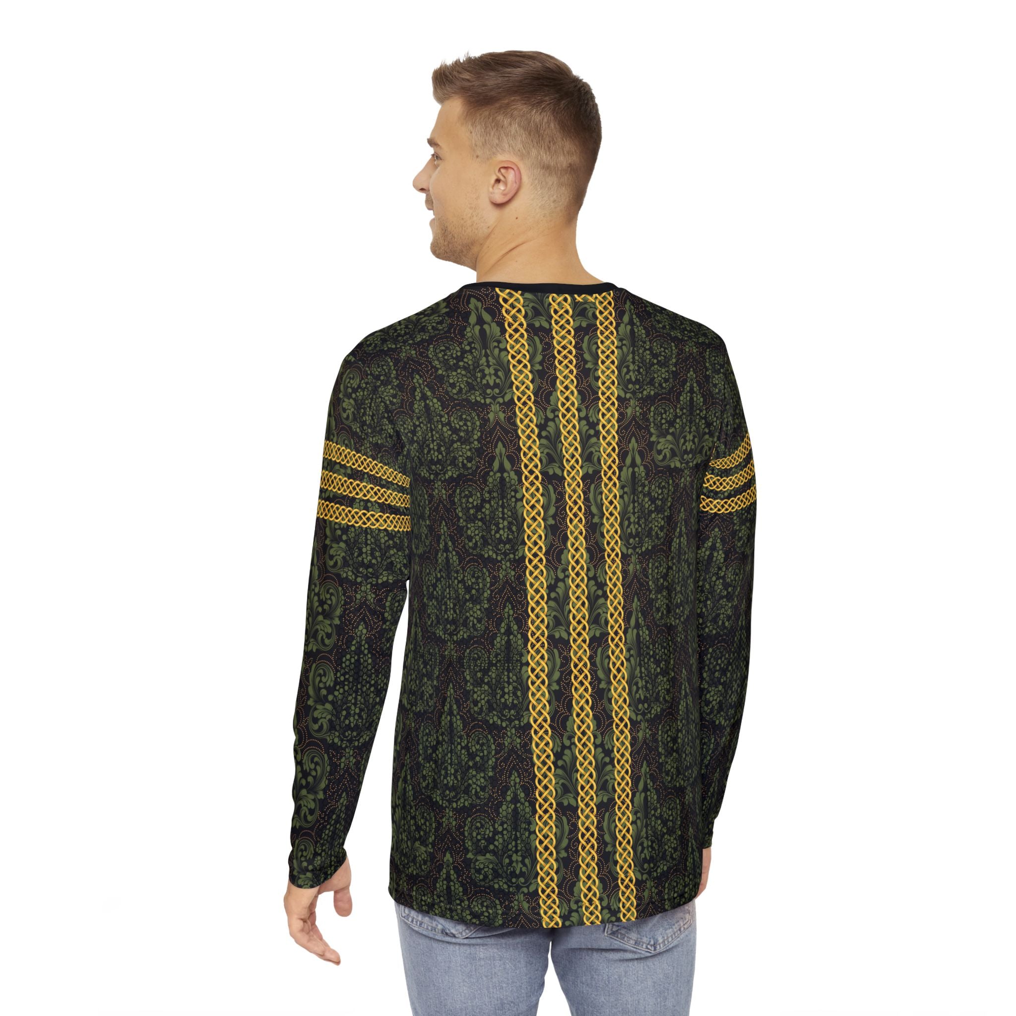 Fabled Fashion Men's Long Sleeve Green Damask and Black lace effect with Celtic knot chain AOP Shirt