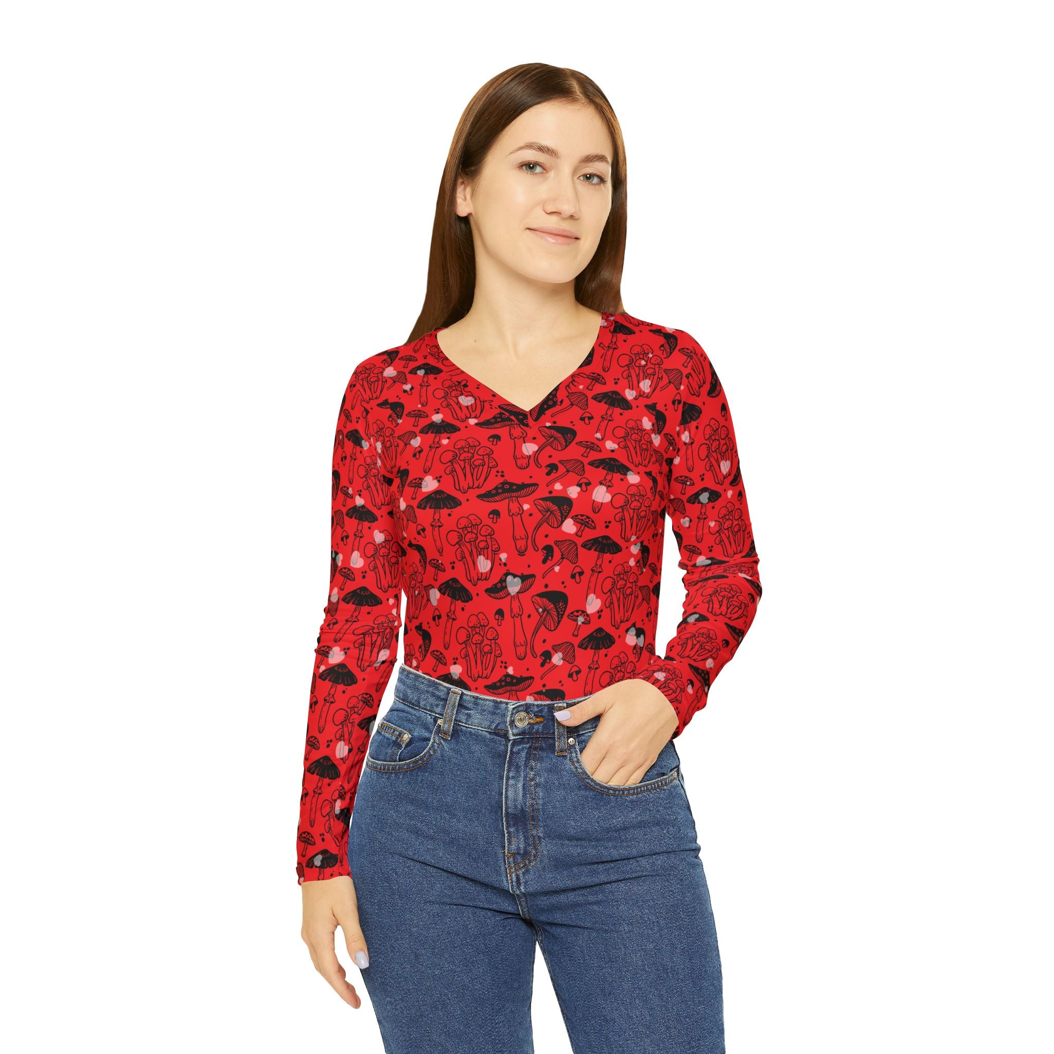 Fabled Fashion Red Toadstool effect Mushroom Print Women's Long Sleeve V-neck Shirt (AOP)